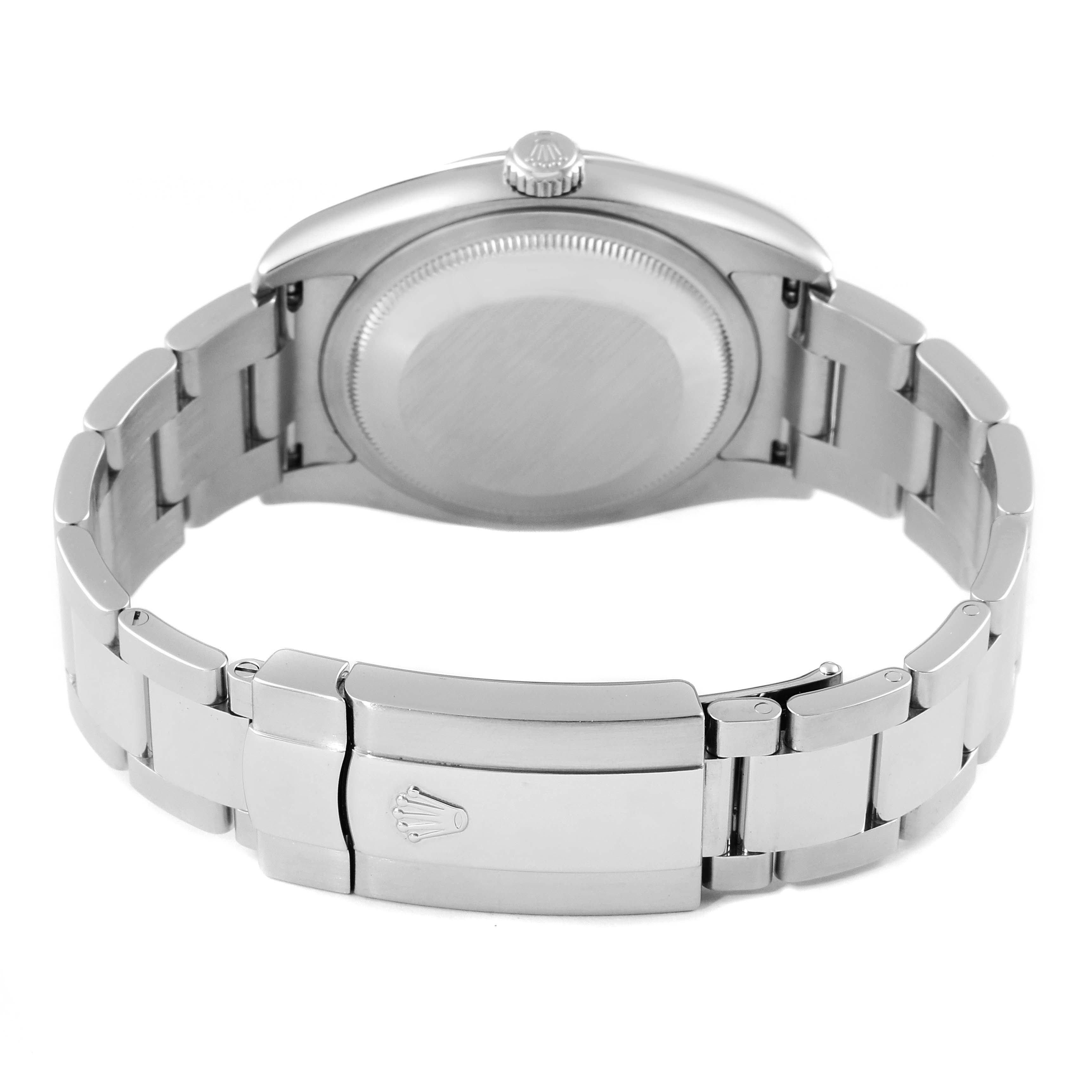 The image shows the back view of a Rolex Datejust 116200 Men's Stainless Steel Silver Dial 116200 Men's Stainless Steel Silver Dial watch, highlighting its case back, bracelet, and folding clasp.