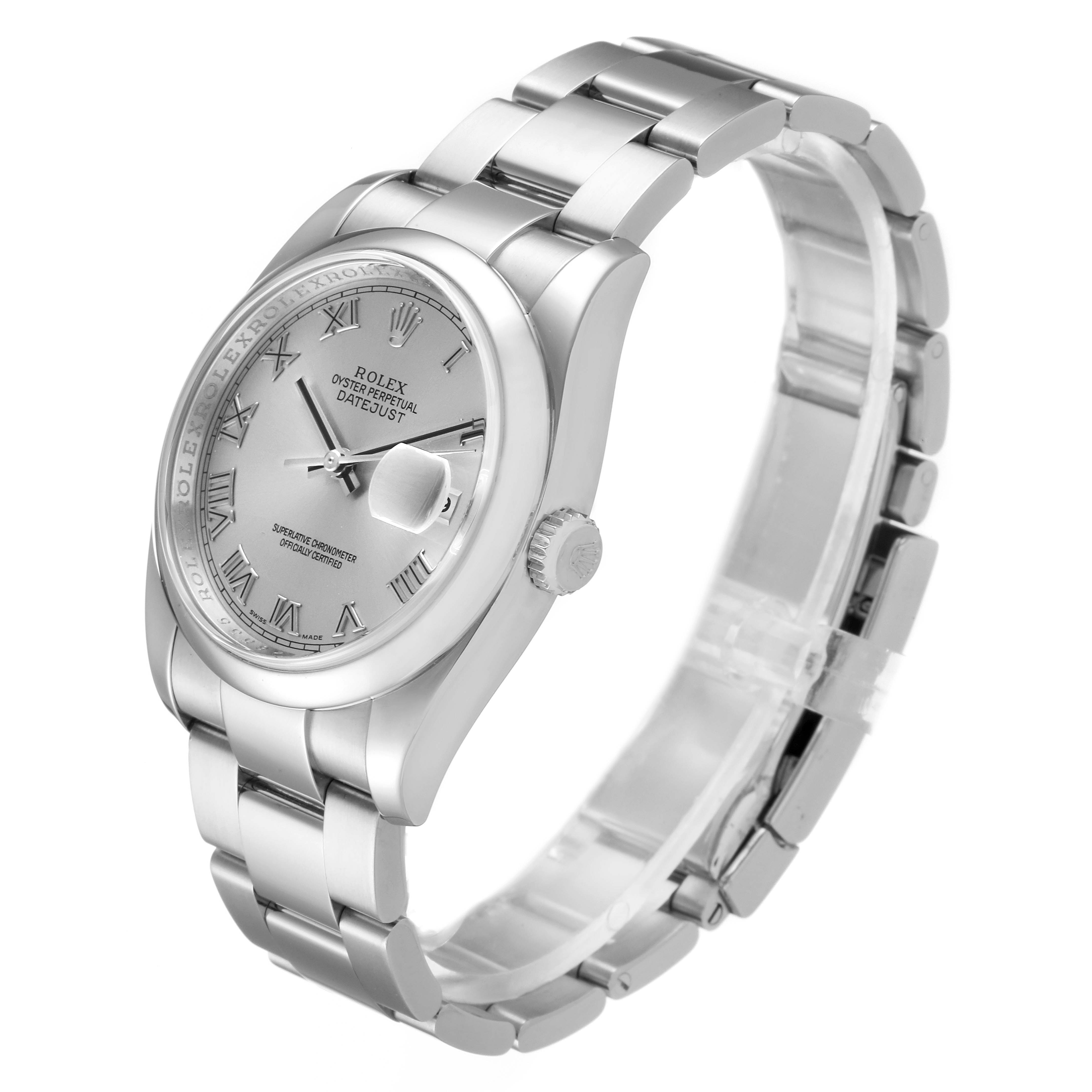 This image shows a side angle of the Rolex Datejust 116200 Men's Stainless Steel Silver Dial 116200 Men's Stainless Steel Silver Dial watch, displaying the dial, bezel, case, and bracelet.