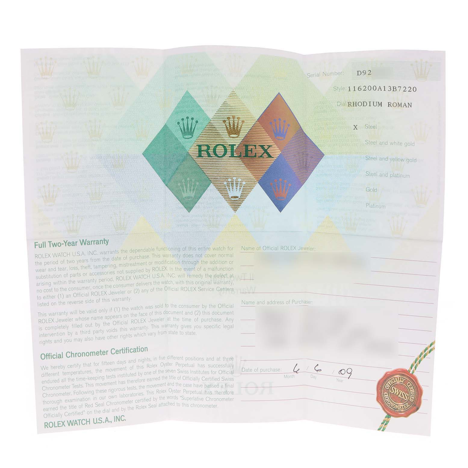 The image shows a Rolex warranty certificate for a Datejust model, featuring information about the style, serial number, and purchase details.