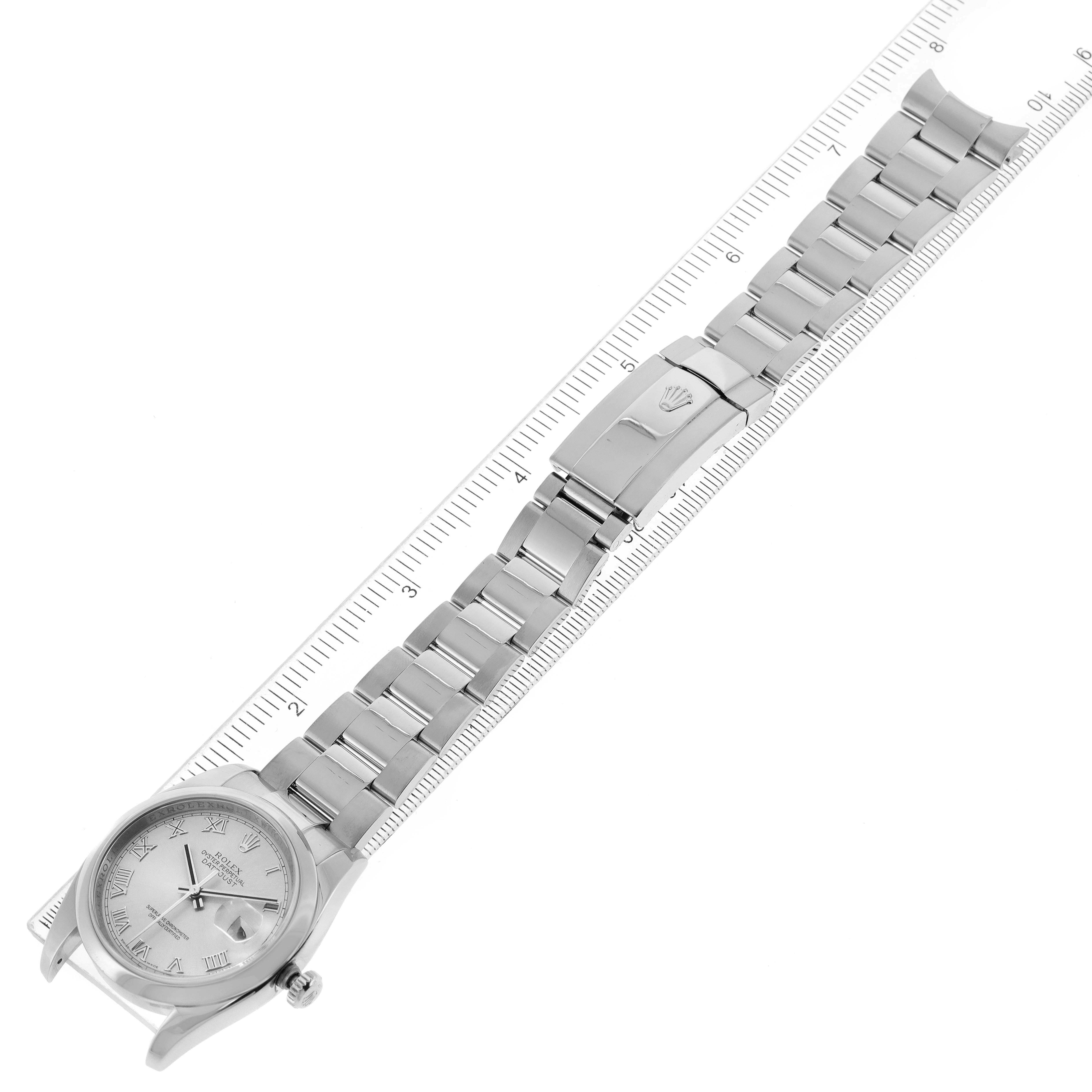 The image shows a top-down view of a Rolex Datejust 116200 Men's Stainless Steel Silver Dial 116200 Men's Stainless Steel Silver Dial watch, highlighting the face, case, and bracelet.