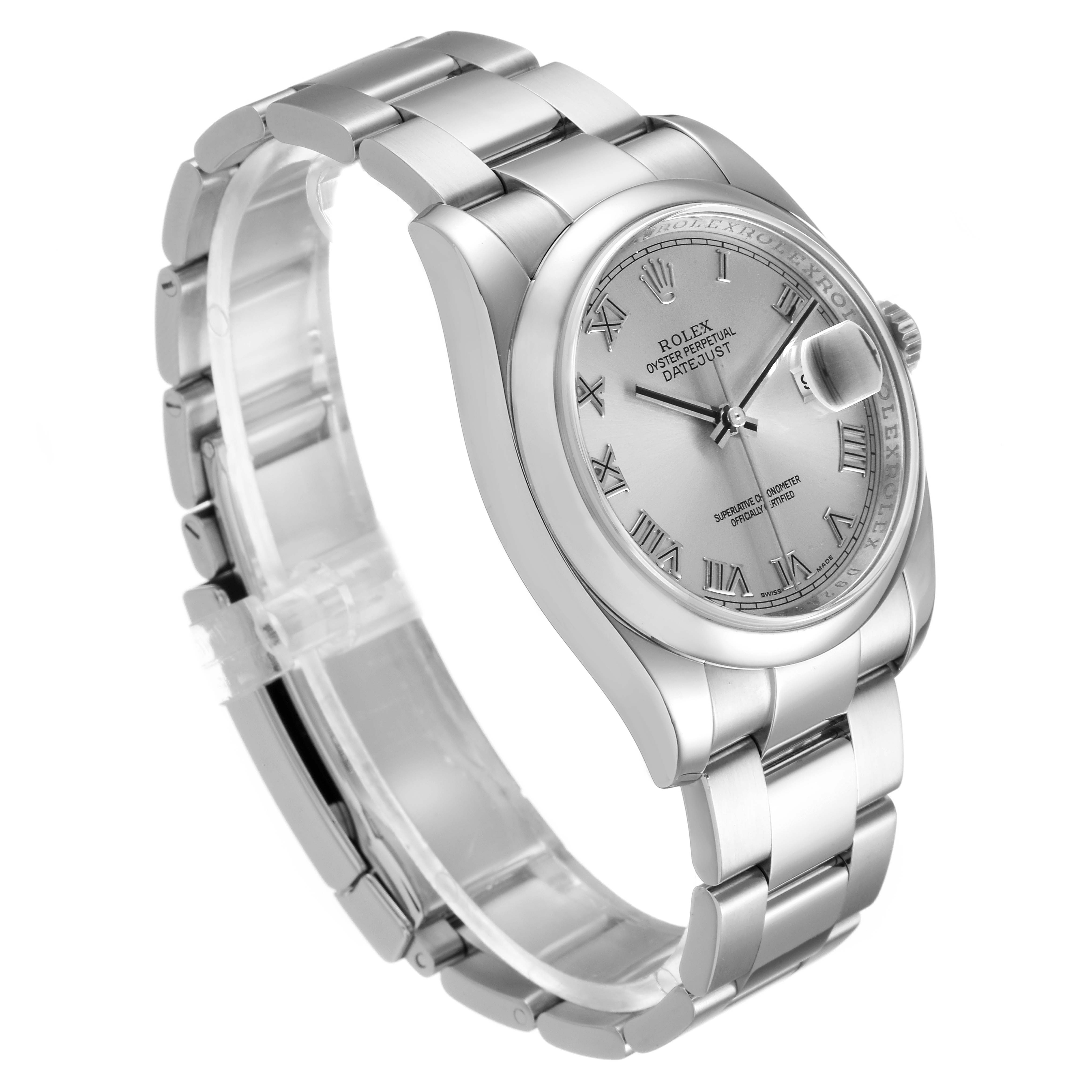 The Rolex Datejust 116200 Men's Stainless Steel Silver Dial 116200 Men's Stainless Steel Silver Dial watch is shown at an angled side view, displaying its bracelet, case, crown, and dial.