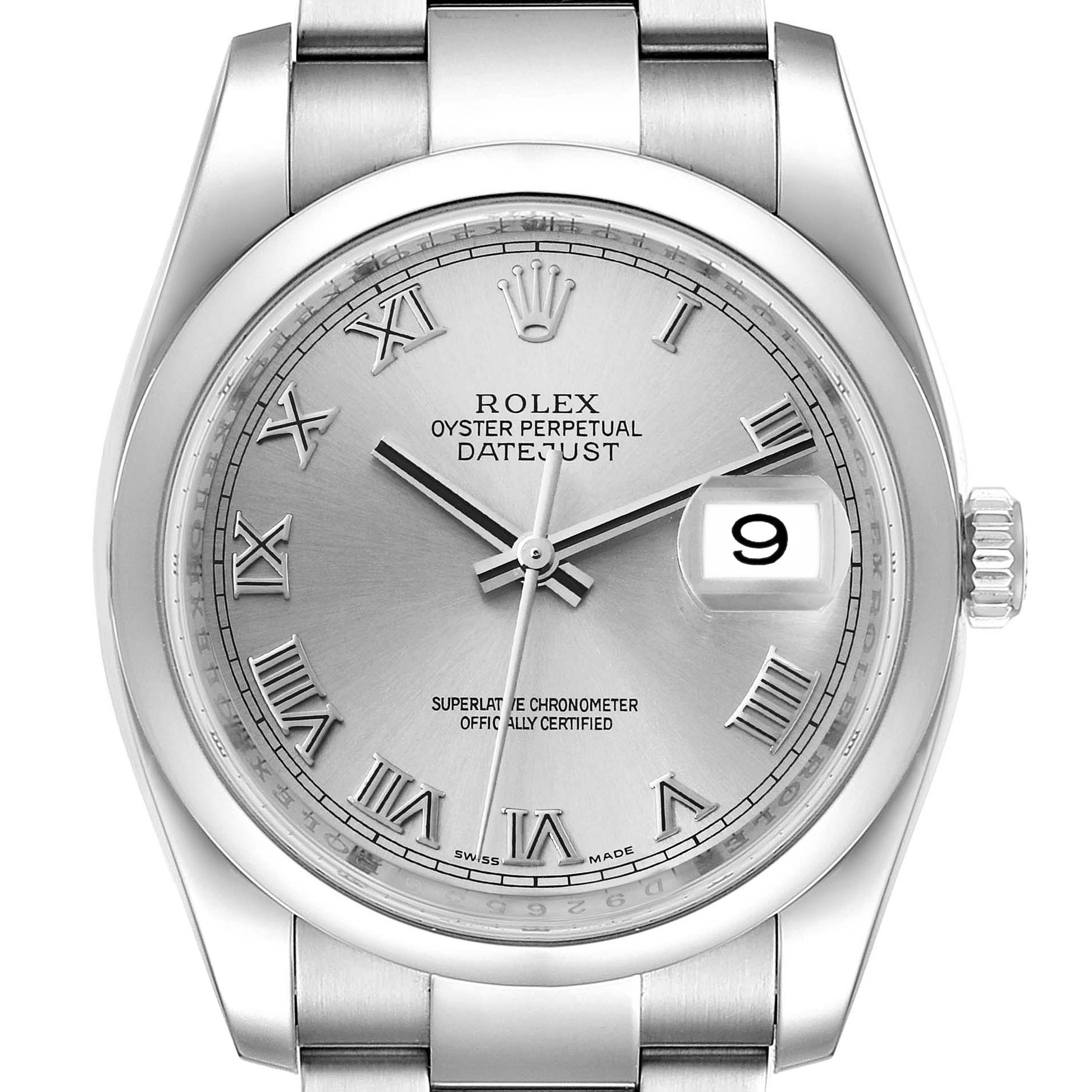 The image shows a close-up of the Rolex Datejust 116200 Men's Stainless Steel Silver Dial 116200 Men's Stainless Steel Silver Dial watch face, bezel, crown, and part of the bracelet.
