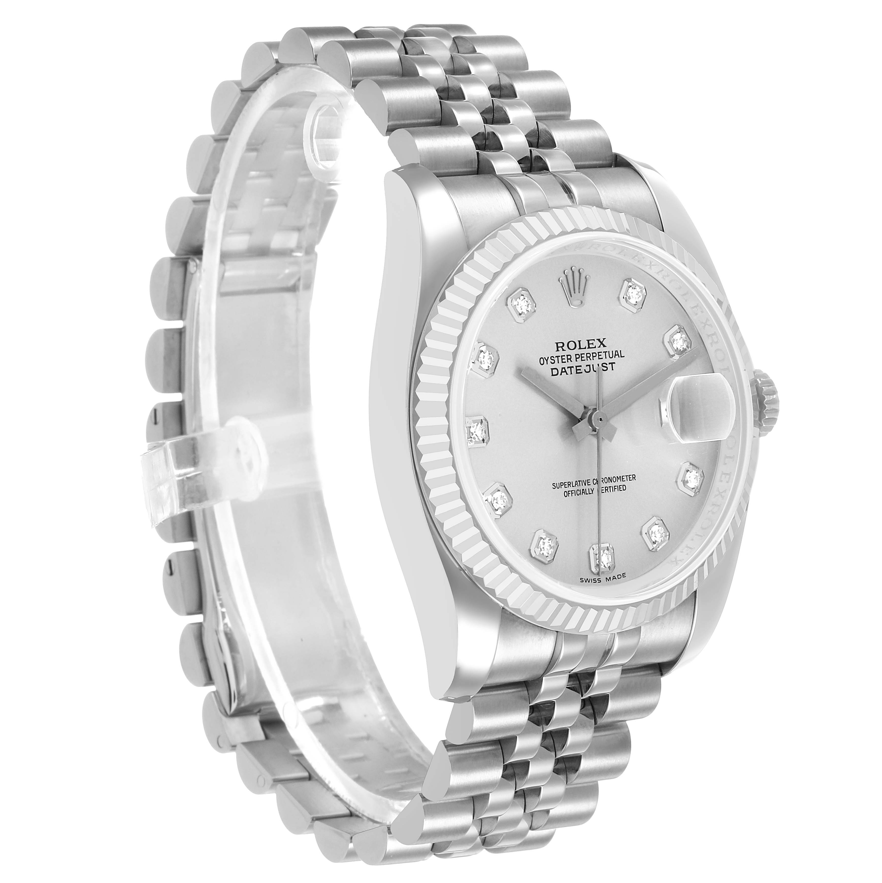 The Rolex Datejust 116234 Men's Stainless Steel Silver Dial watch is shown at a slight side angle, displaying its bezel, dial, bracelet, and partially the crown.