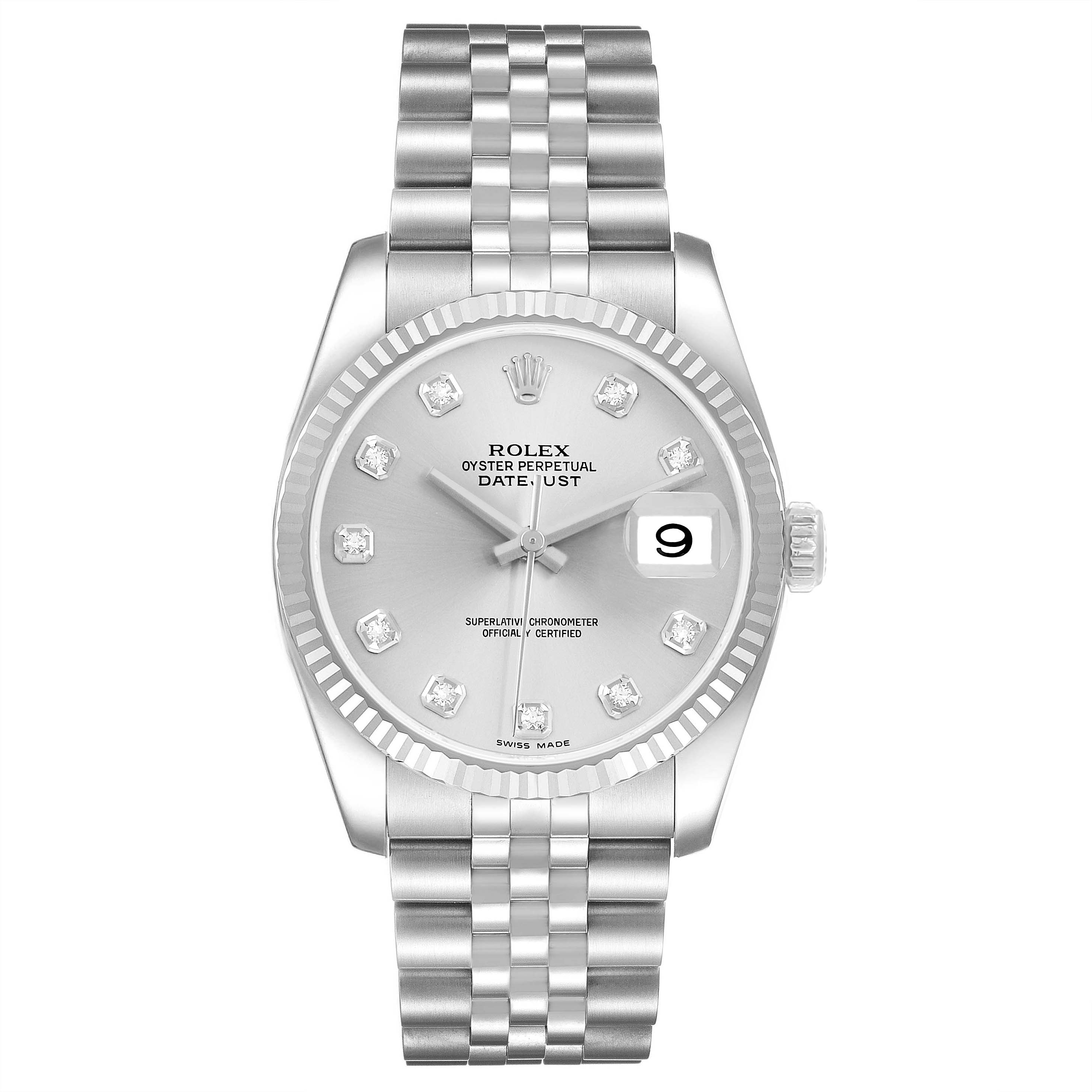 The Rolex Datejust 116234 Men's Stainless Steel Silver Dial watch is shown from a front angle, displaying the dial, bezel, case, and bracelet.