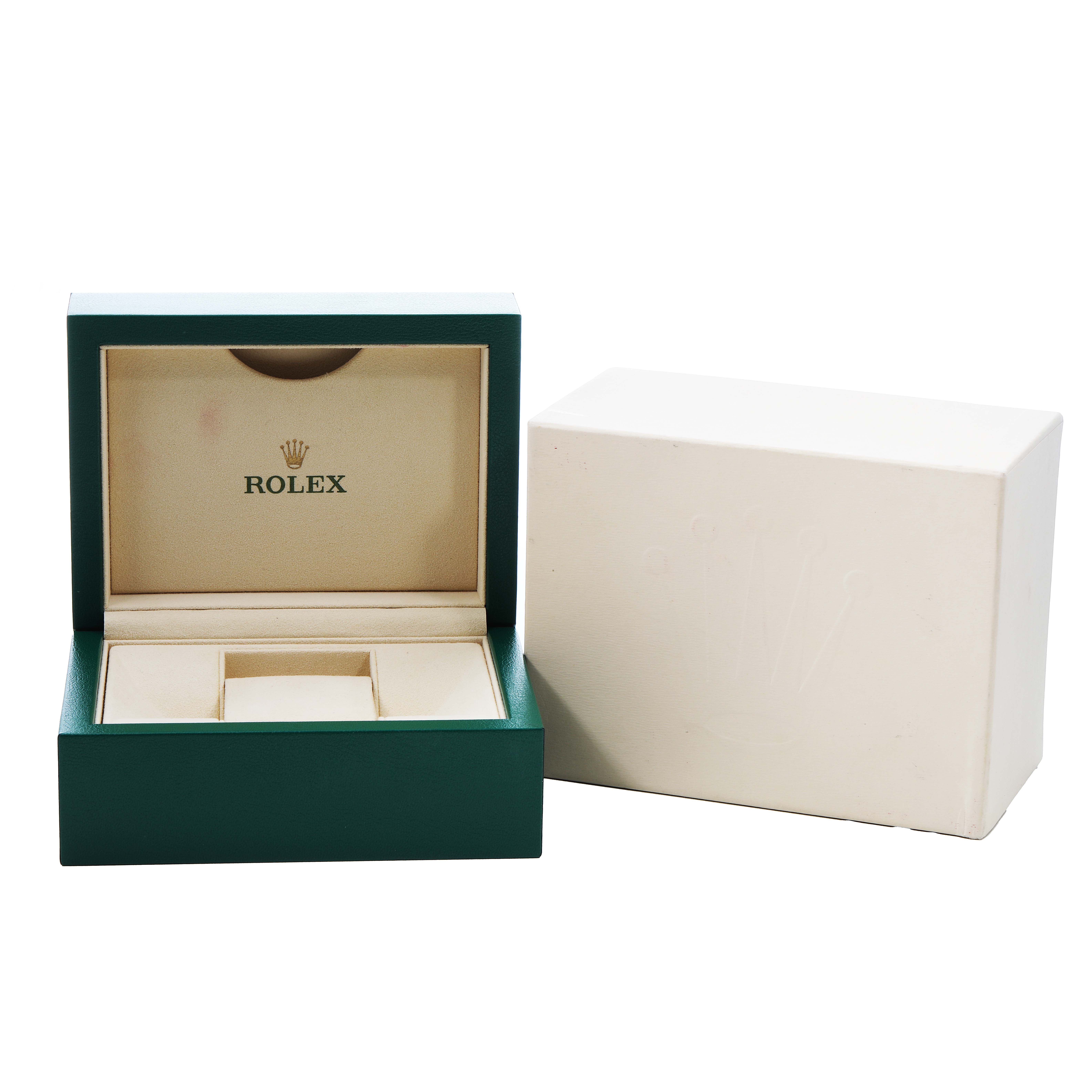 The image shows a Rolex Datejust 116234 Men's Stainless Steel Silver Dial watch box with its lid open, alongside an outer white box.