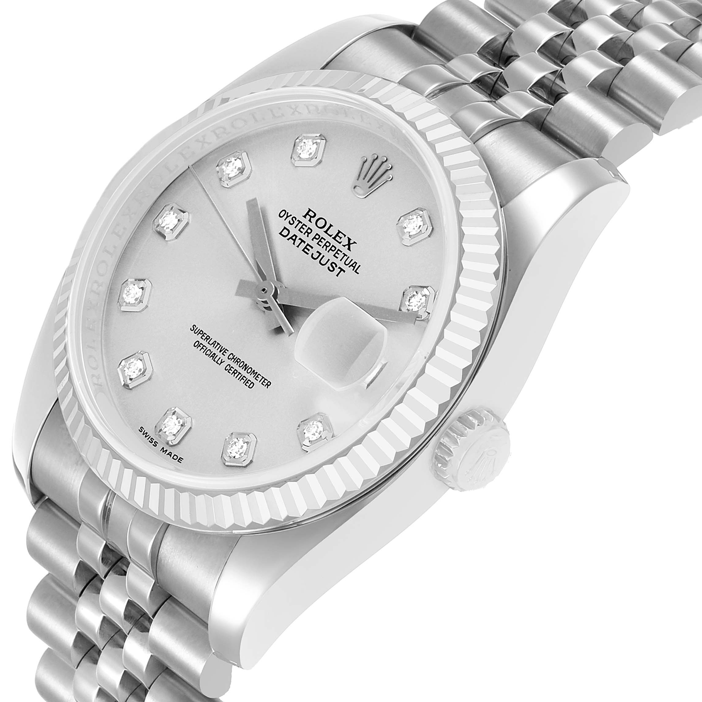 The Rolex Datejust 116234 Men's Stainless Steel Silver Dial watch is shown at a slight angle, highlighting the dial, bezel, crown, and bracelet.