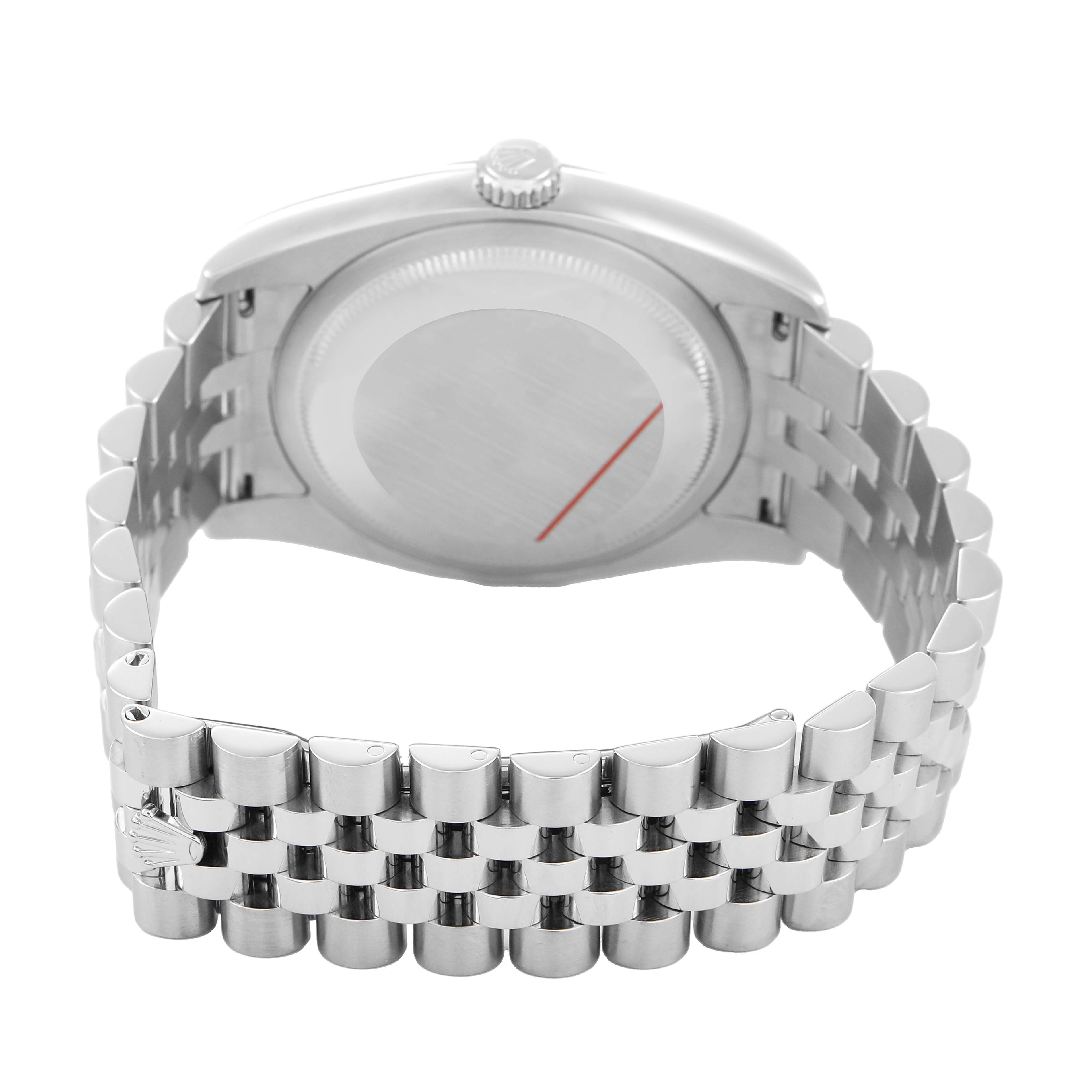 The Rolex Datejust 116234 Men's Stainless Steel Silver Dial watch is shown from the back, displaying the case back, crown, and bracelet.