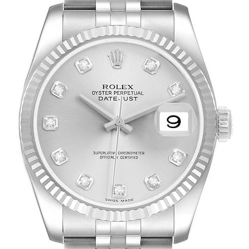 The image shows a front view of the Rolex Datejust 116234 Men's Stainless Steel Silver Dial, highlighting the dial, date, fluted bezel, and part of the bracelet.