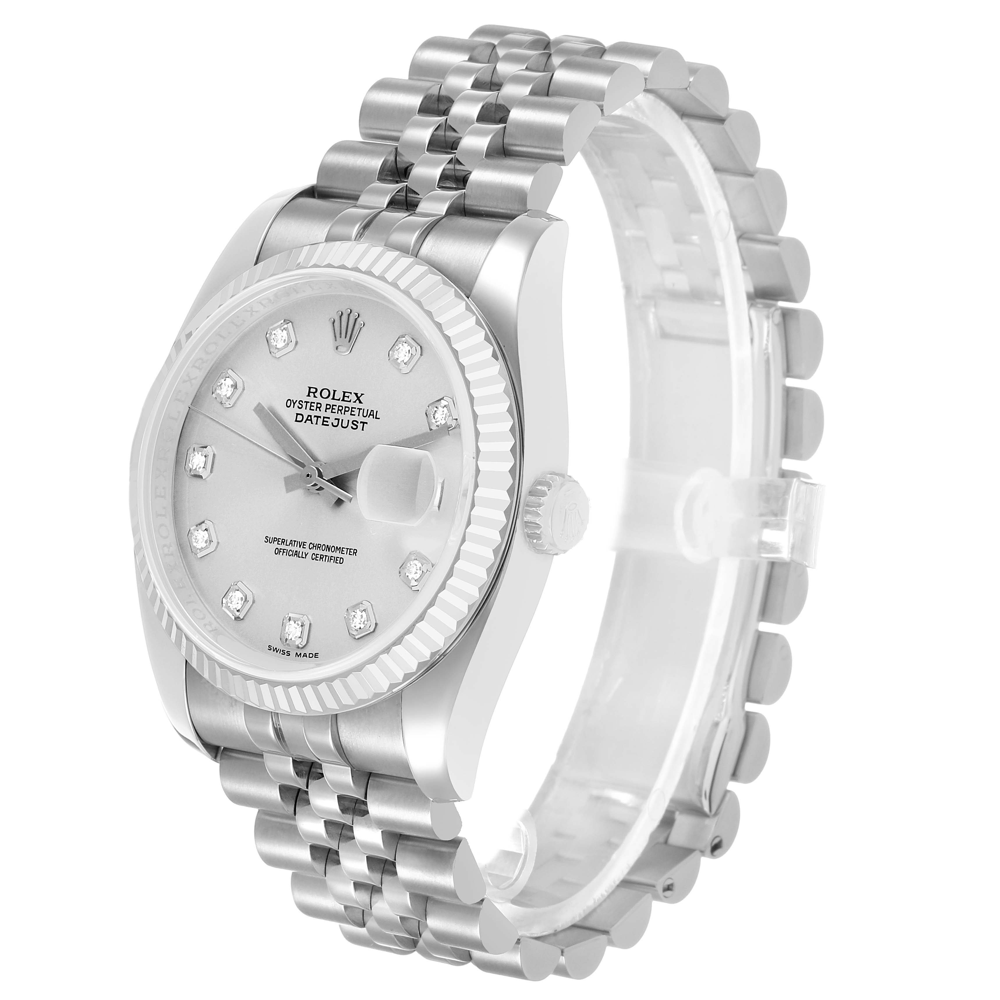 The Rolex Datejust 116234 Men's Stainless Steel Silver Dial watch is shown at a slight angle, highlighting the face, bezel, and bracelet.