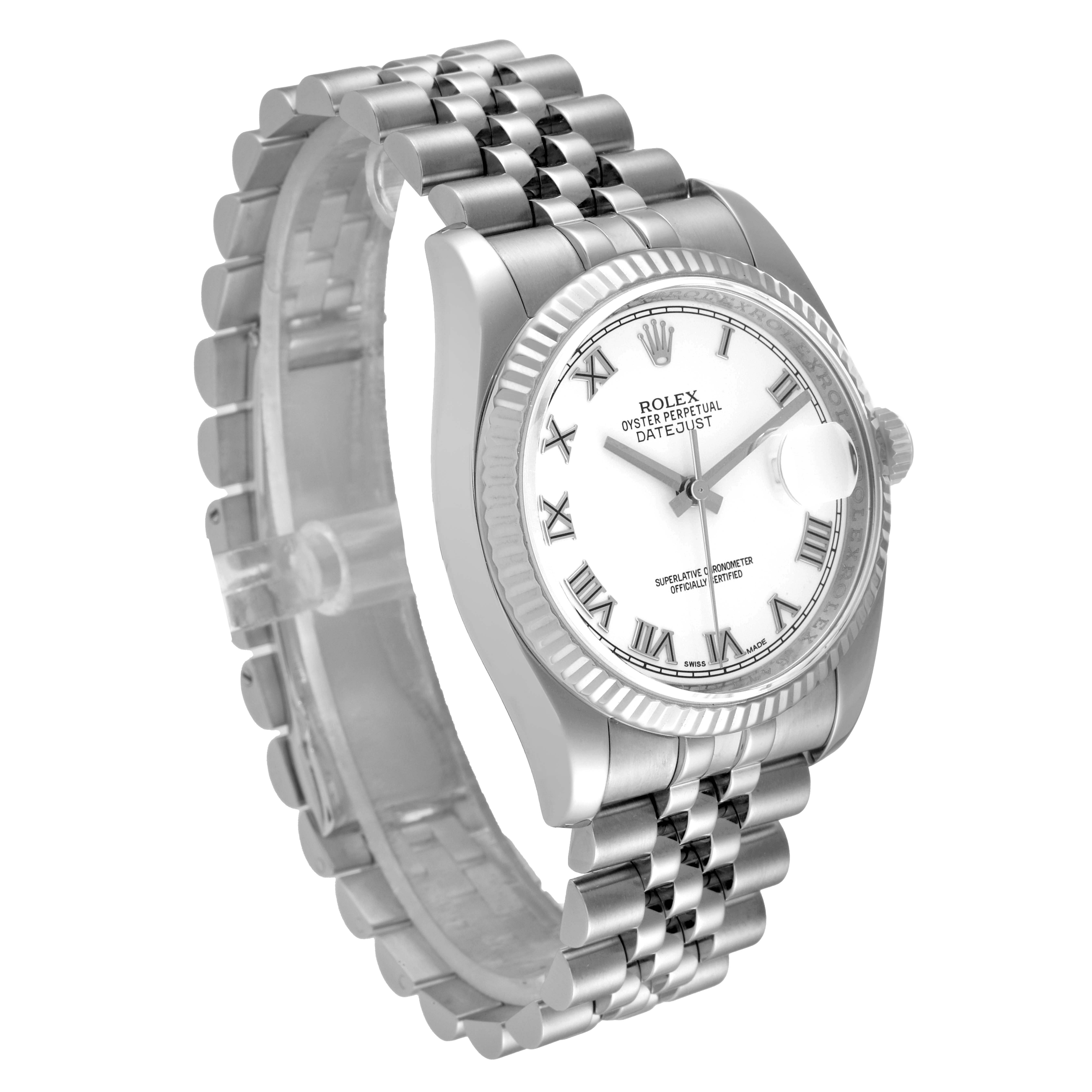 The image shows the Rolex Datejust 116234 Men's Stainless Steel White Dial 116234 Men's Stainless Steel White Dial watch at a left-side angle focusing on its dial, bezel, and bracelet band.