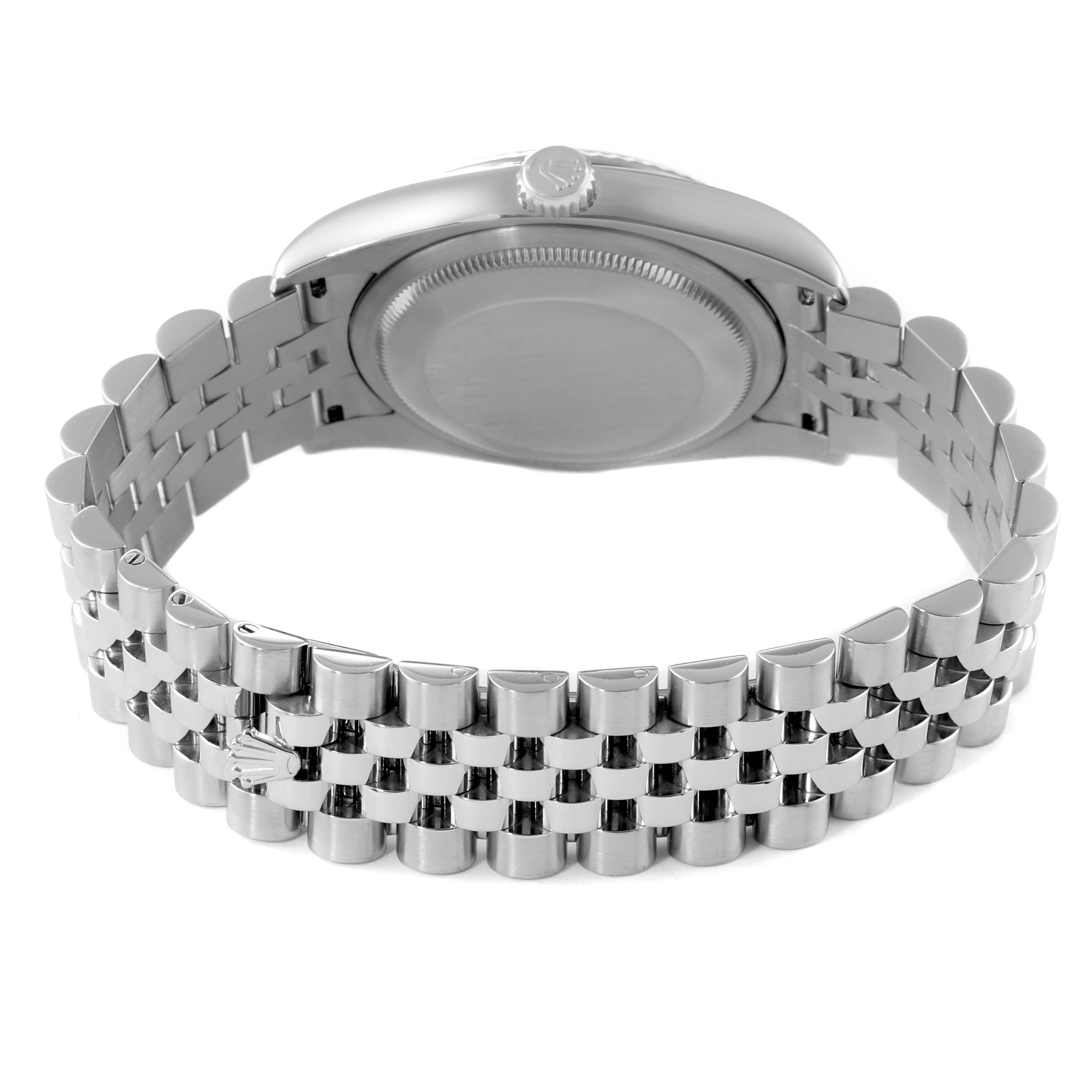 This image shows the back view of a Rolex Datejust 116234 Men's Stainless Steel White Dial 116234 Men's Stainless Steel White Dial watch, highlighting the case back and Jubilee bracelet.