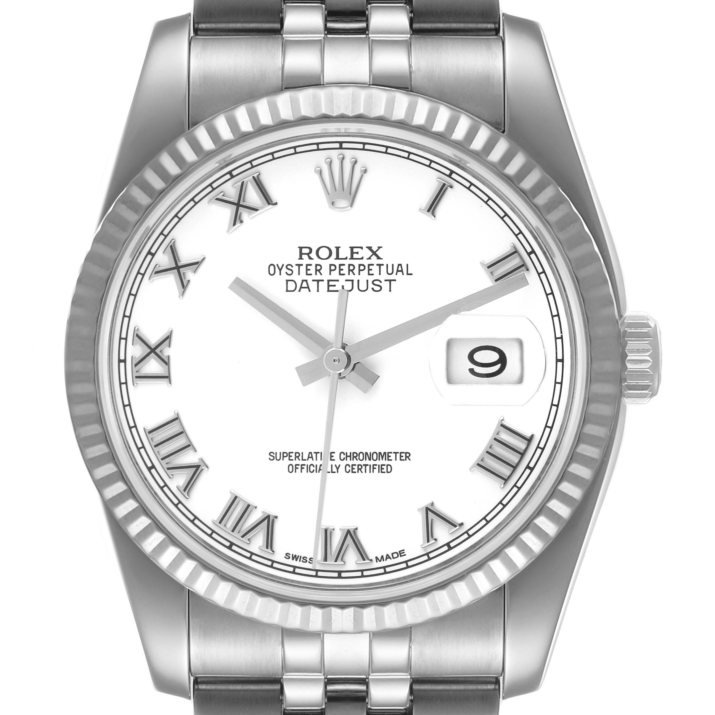 The image shows a Rolex Datejust 116234 Men's Stainless Steel White Dial 116234 Men's Stainless Steel White Dial watch from a straight-on angle, highlighting the face, hands, bezel, and part of the bracelet.