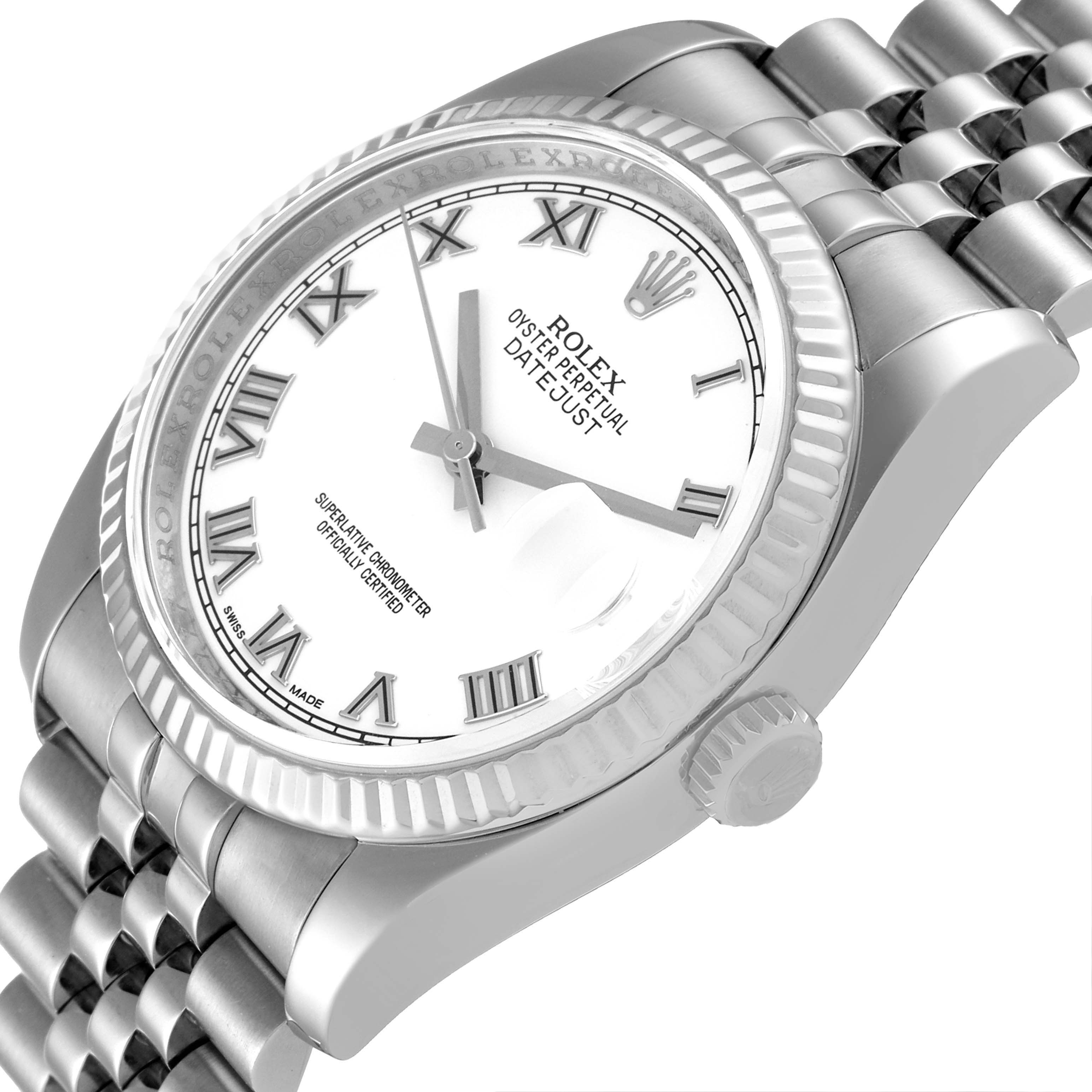 This image shows a close-up, slightly angled view of a Rolex Datejust 116234 Men's Stainless Steel White Dial 116234 Men's Stainless Steel White Dial watch featuring the dial, bezel, and part of the bracelet.