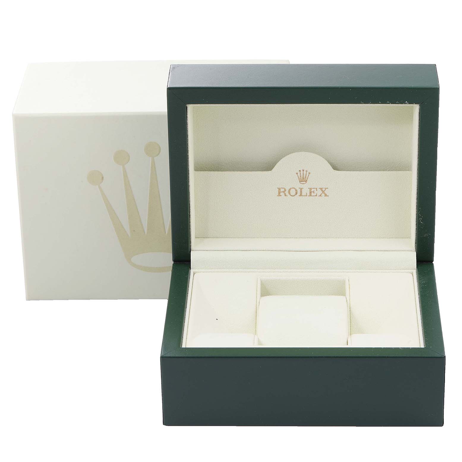 This image shows an open Rolex watch box for the Datejust model, highlighting the interior and logo.