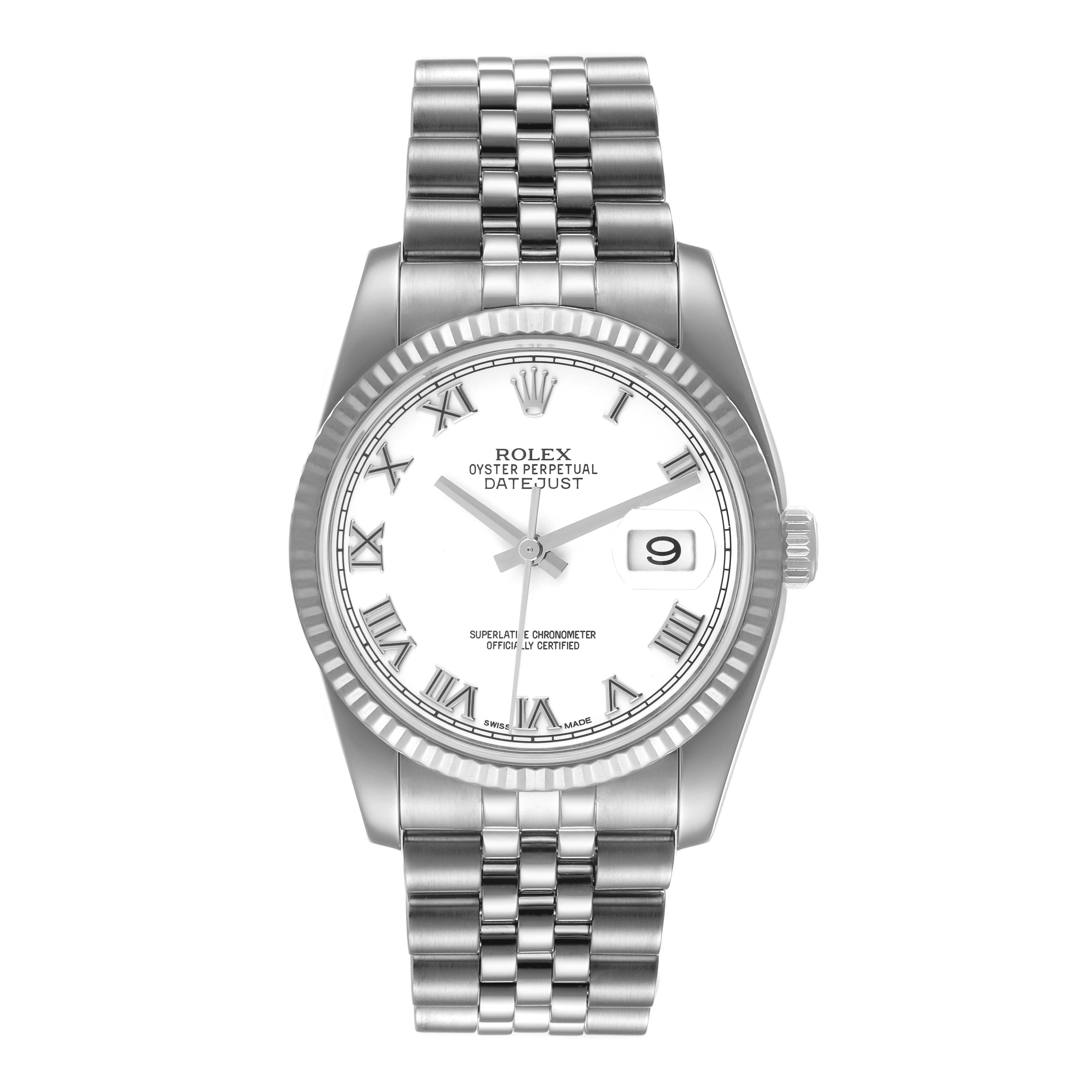 This image shows a Rolex Datejust 116234 Men's Stainless Steel White Dial 116234 Men's Stainless Steel White Dial watch from a front angle, displaying the dial, bezel, and bracelet.