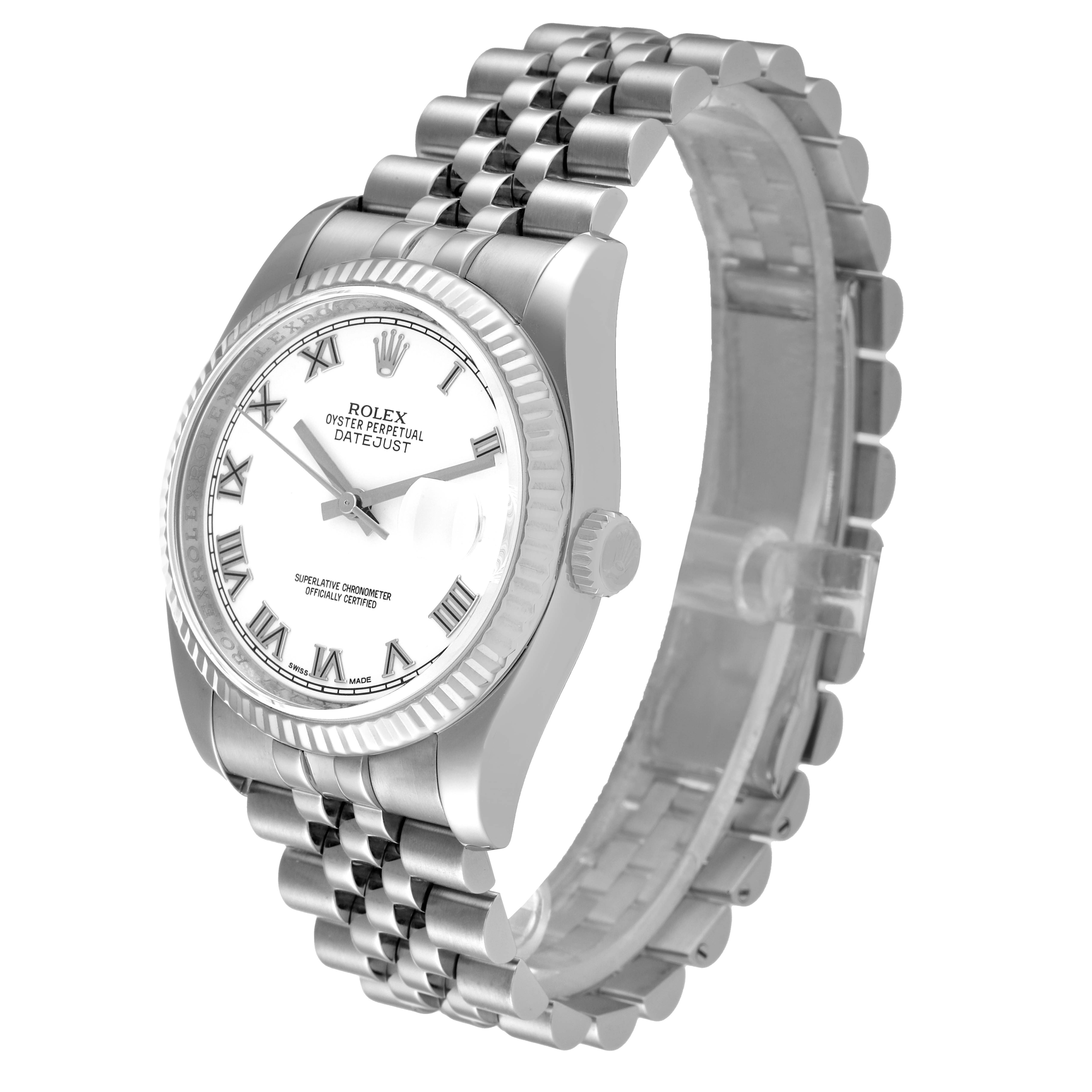 The Rolex Datejust 116234 Men's Stainless Steel White Dial 116234 Men's Stainless Steel White Dial watch is shown at a three-quarter angle, highlighting the face, bezel, crown, and Jubilee bracelet.