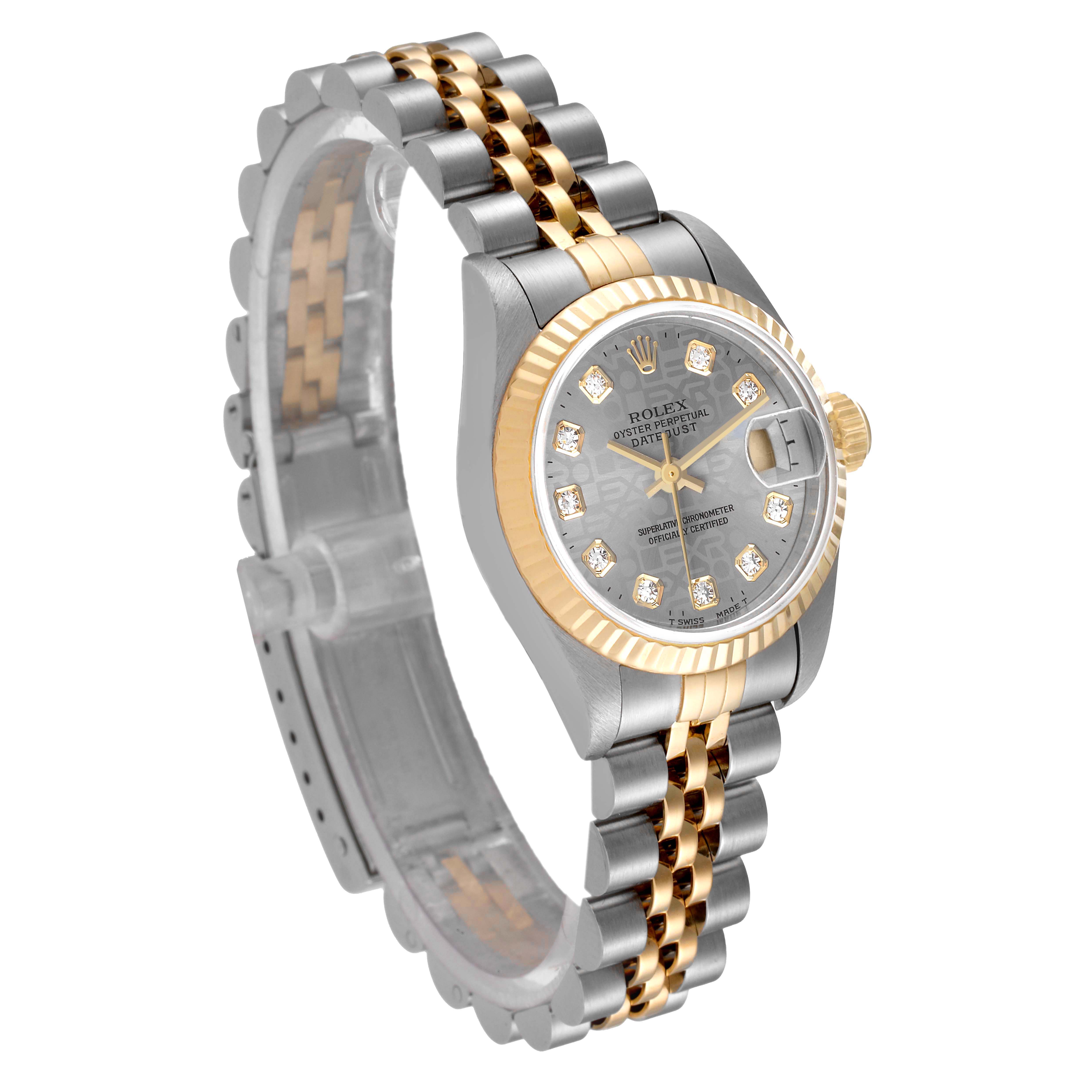 The image shows a Rolex Datejust 69173 Women
s Steel and Gold (two tone) Grey Dial 69173 Women
s Steel and Gold (two tone) Grey Dial watch from an angled view, highlighting the face, bezel, and two-tone bracelet.