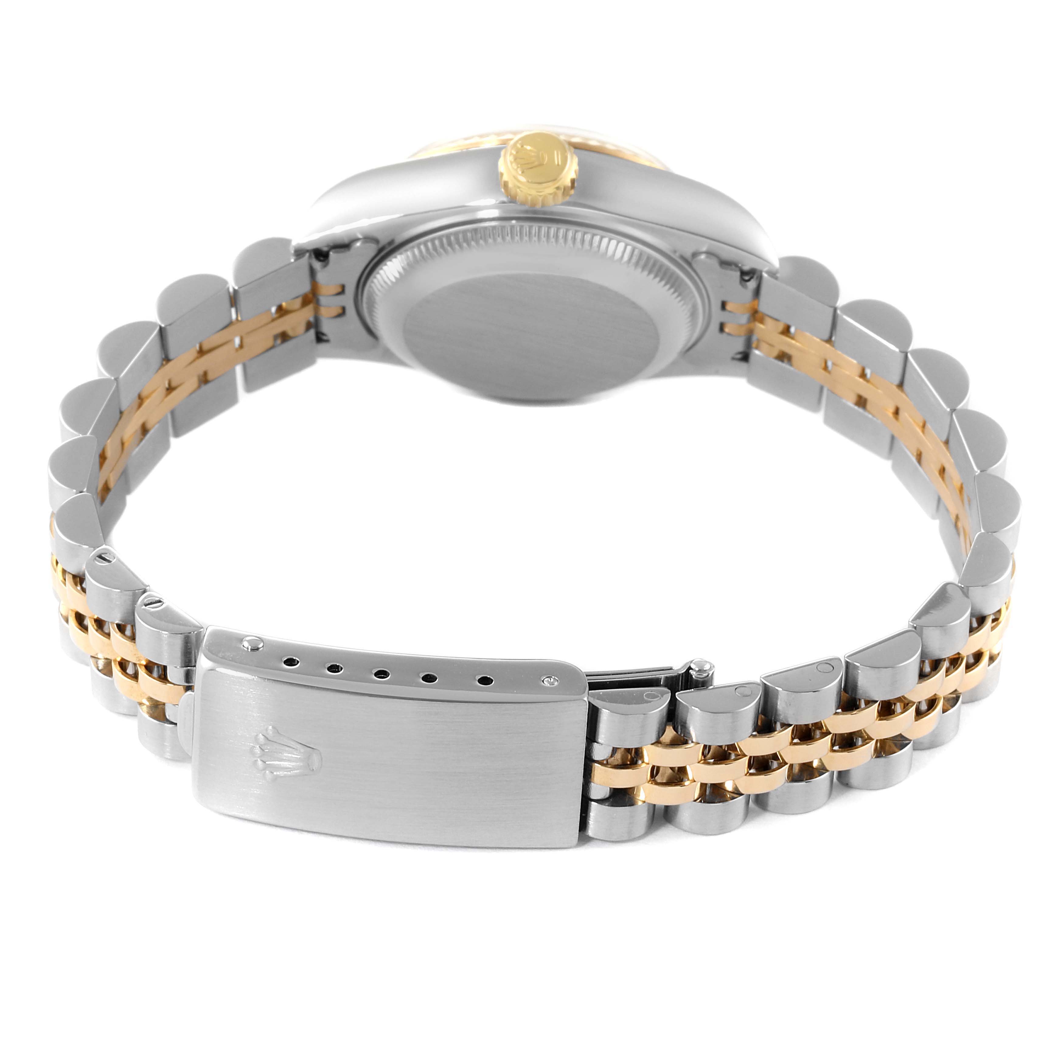 The image shows the back view of a Rolex Datejust 69173 Women
s Steel and Gold (two tone) Grey Dial 69173 Women
s Steel and Gold (two tone) Grey Dial watch, highlighting its case back, crown, and Jubilee two-tone bracelet with clasp.