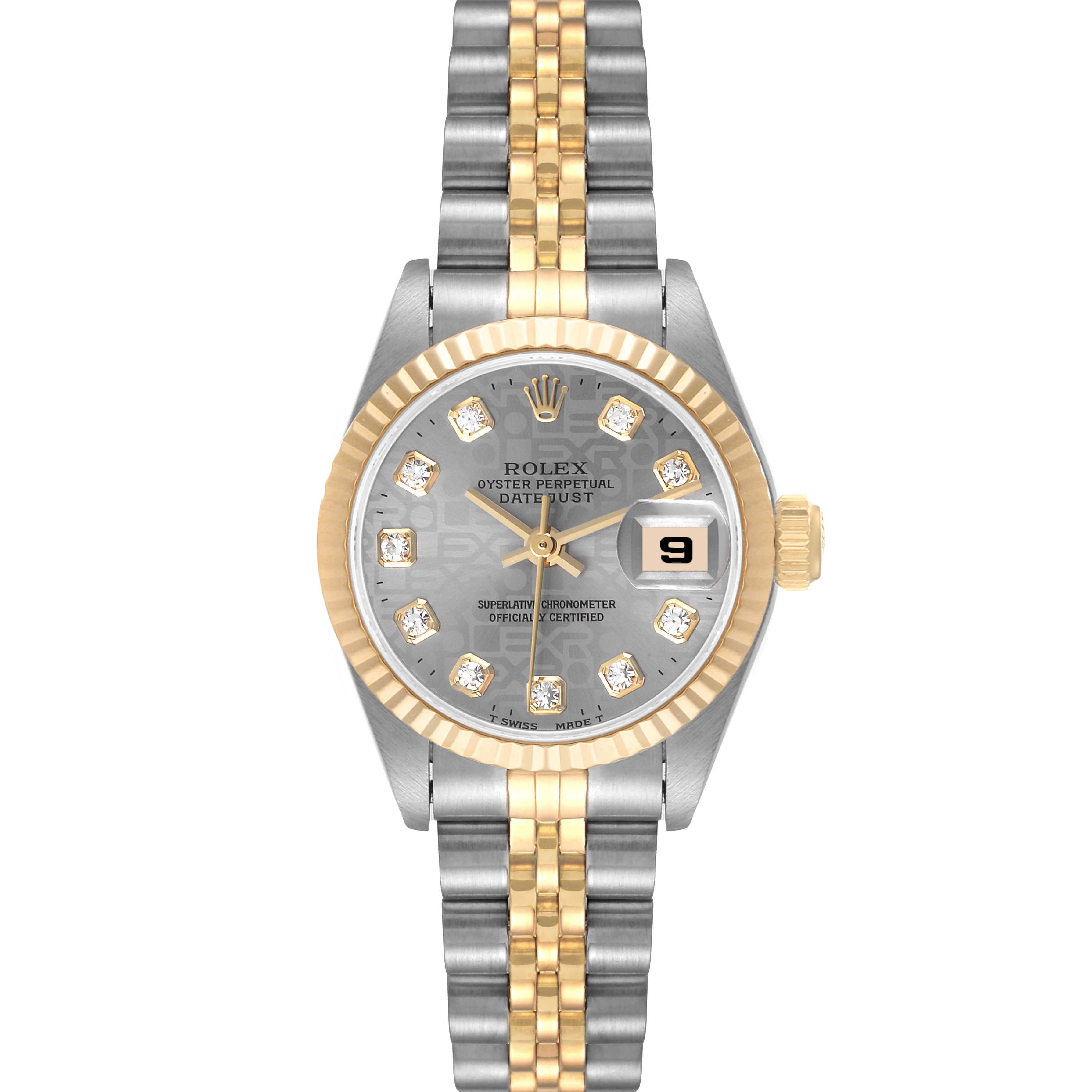 The image shows the front view of a Rolex Datejust 69173 Women
s Steel and Gold (two tone) Grey Dial 69173 Women
s Steel and Gold (two tone) Grey Dial watch, highlighting the face, bezel, and bracelet.