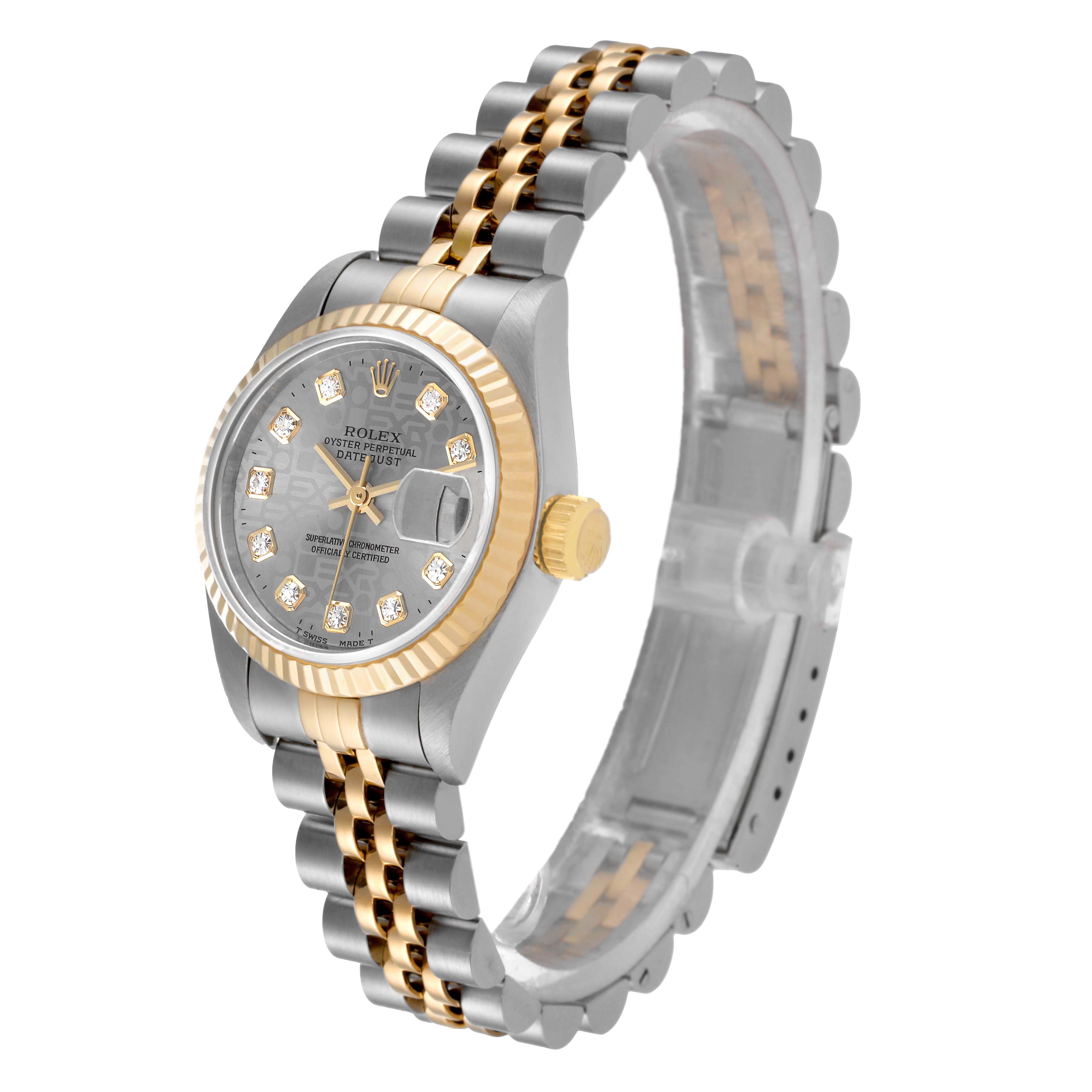 The image shows a Rolex Datejust 69173 Women
s Steel and Gold (two tone) Grey Dial 69173 Women
s Steel and Gold (two tone) Grey Dial watch at a slight angle, highlighting the face, bezel, crown, and two-tone bracelet.