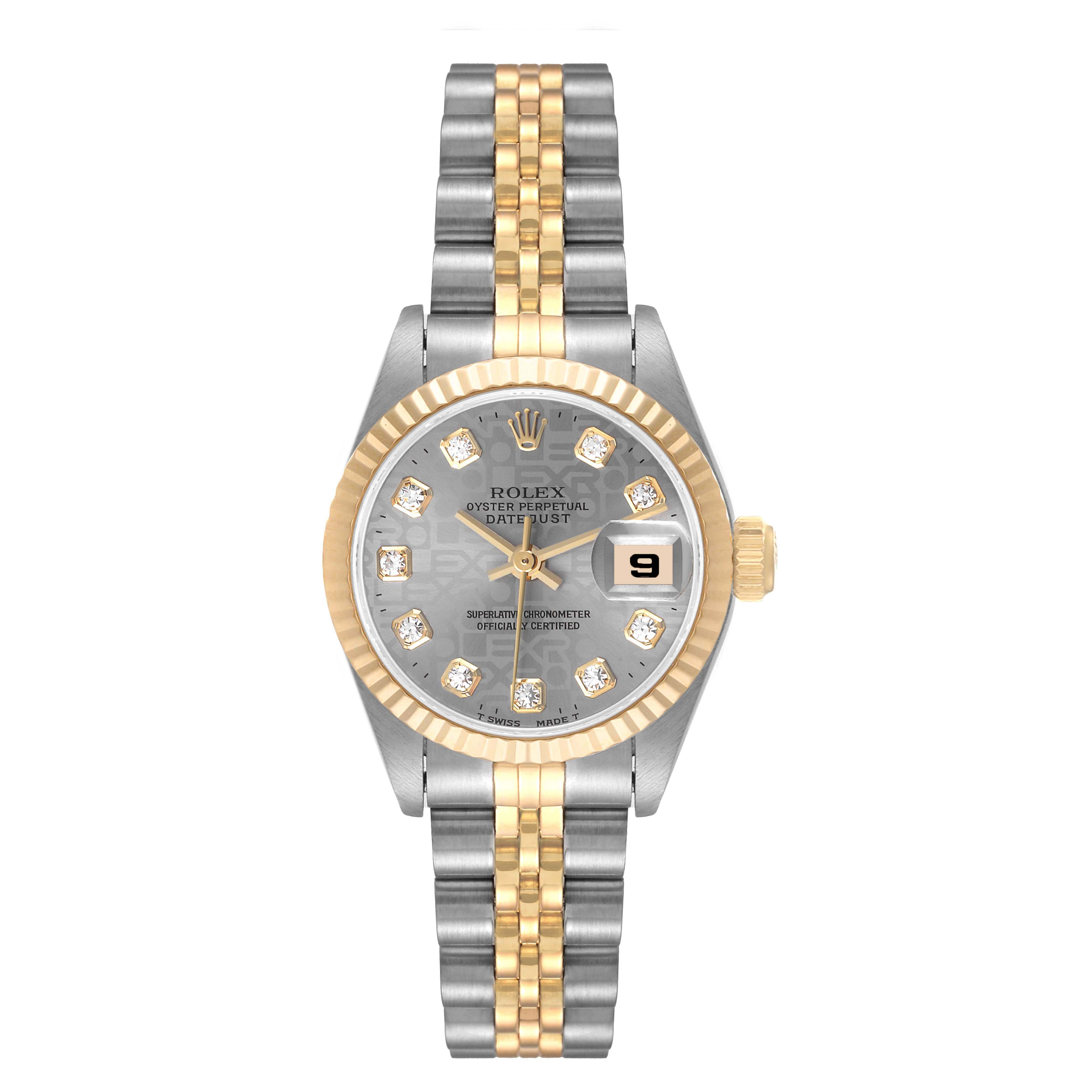 The image shows a front view of a Rolex Datejust 69173 Women
s Steel and Gold (two tone) Grey Dial 69173 Women
s Steel and Gold (two tone) Grey Dial watch, featuring a two-tone bracelet, diamond markers, and a date display.