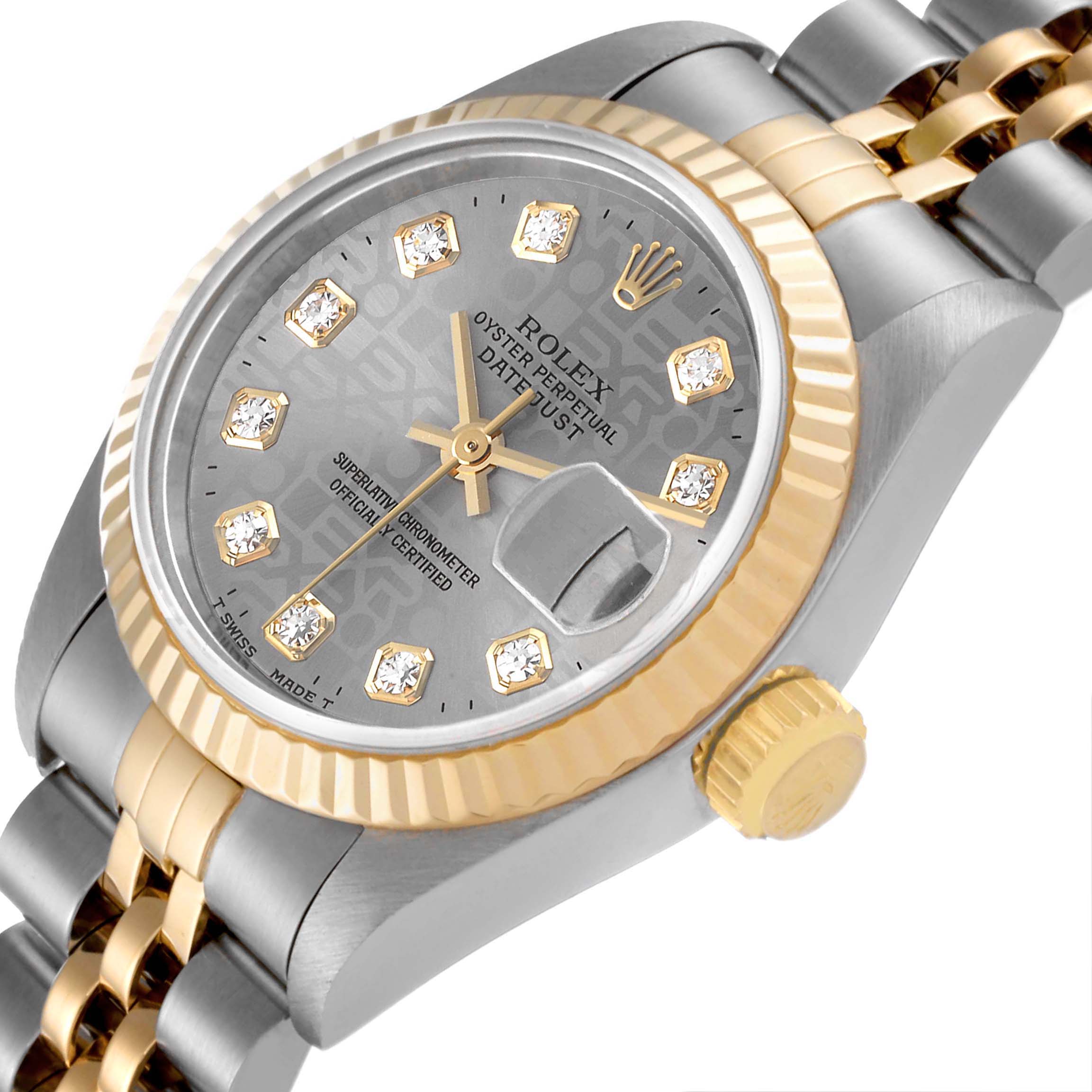 This image shows a Rolex Datejust 69173 Women
s Steel and Gold (two tone) Grey Dial 69173 Women
s Steel and Gold (two tone) Grey Dial watch from an angled close-up, highlighting its dial, bezel, crown, and part of its bracelet.