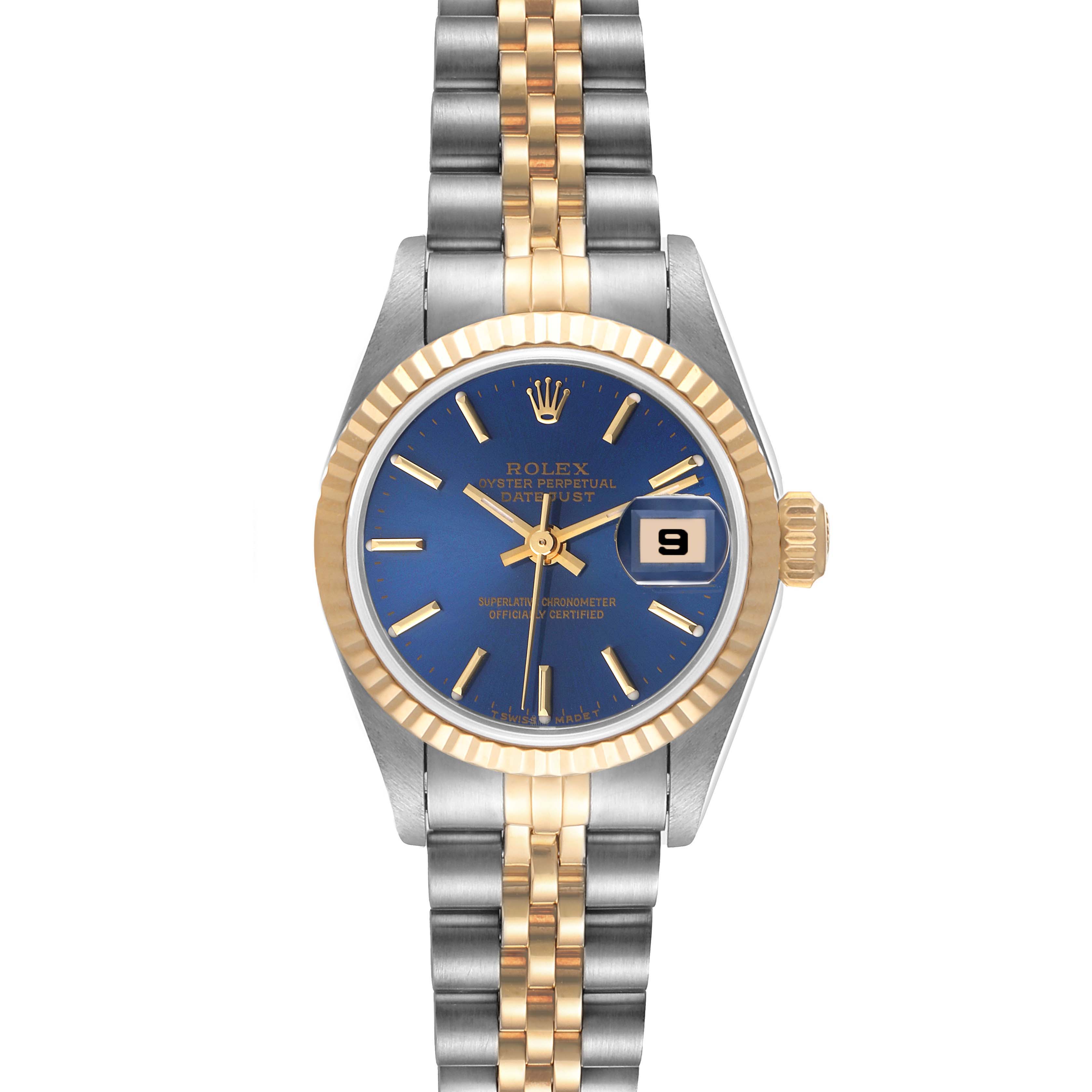 The Rolex Datejust 79173 Women's Steel and Gold (two tone) Blue Dial 79173 Women's Steel and Gold (two tone) Blue Dial watch is shown from a front angle, displaying the blue dial, gold fluted bezel, and two-tone bracelet.