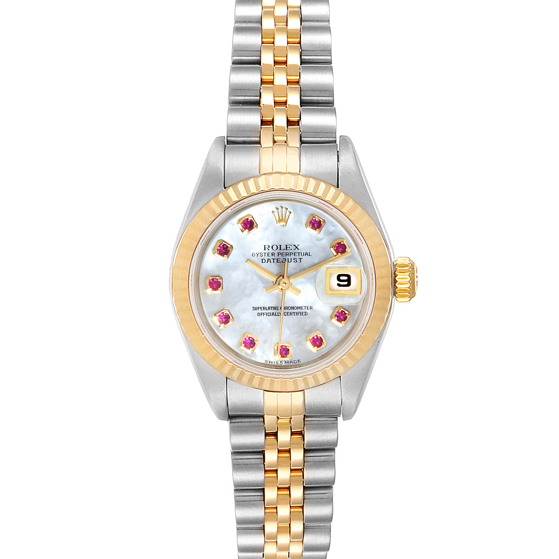 The Rolex Datejust 79173 Women
s Steel and Gold (two tone) Mother of Pearl Dial 79173 Women
s Steel and Gold (two tone) Mother of Pearl Dial watch is shown from a front angle, displaying the dial, bezel, crown, and bracelet.