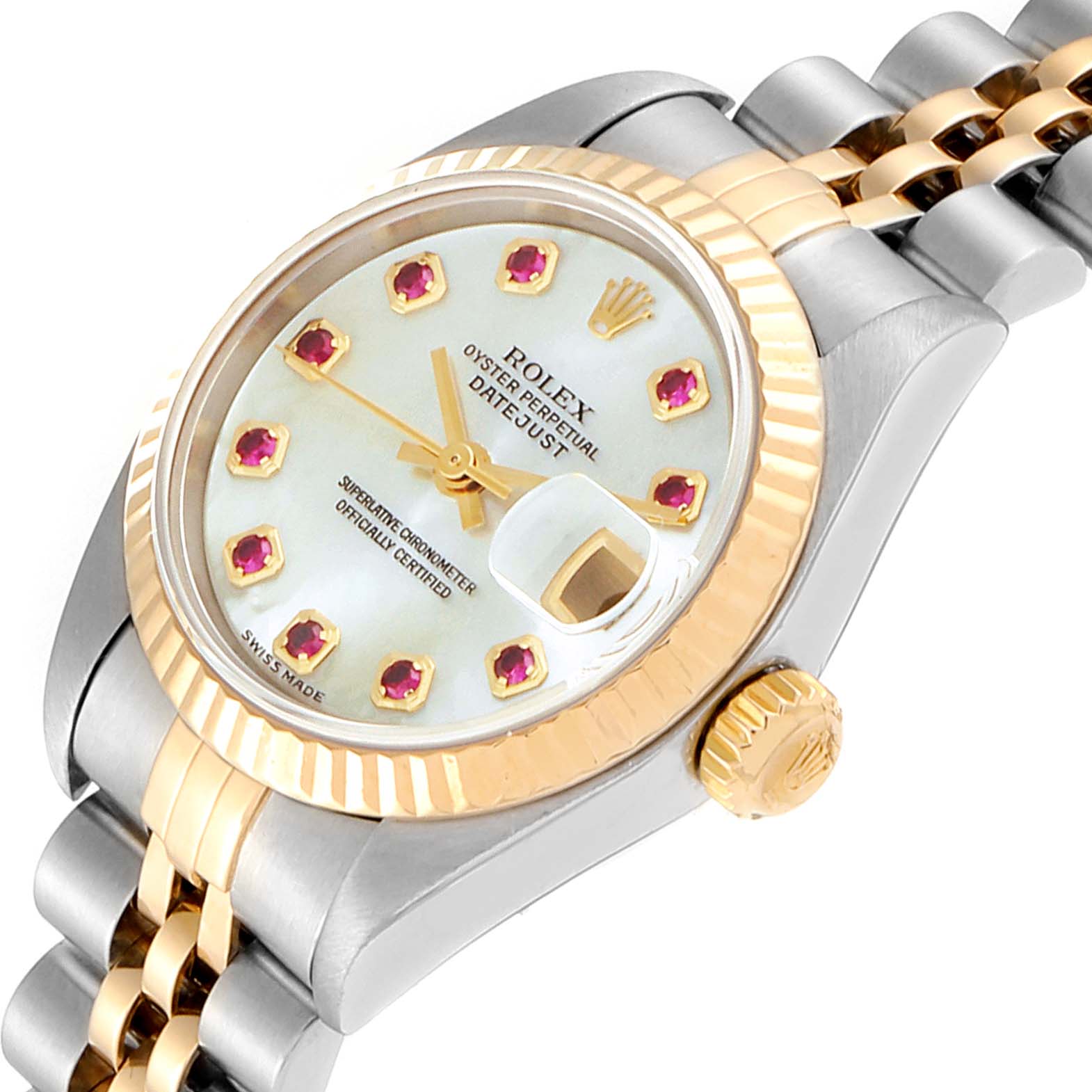 The image shows a Rolex Datejust 79173 Women
s Steel and Gold (two tone) Mother of Pearl Dial 79173 Women
s Steel and Gold (two tone) Mother of Pearl Dial watch from a close-up angle, highlighting the face, crown, and part of the bracelet.