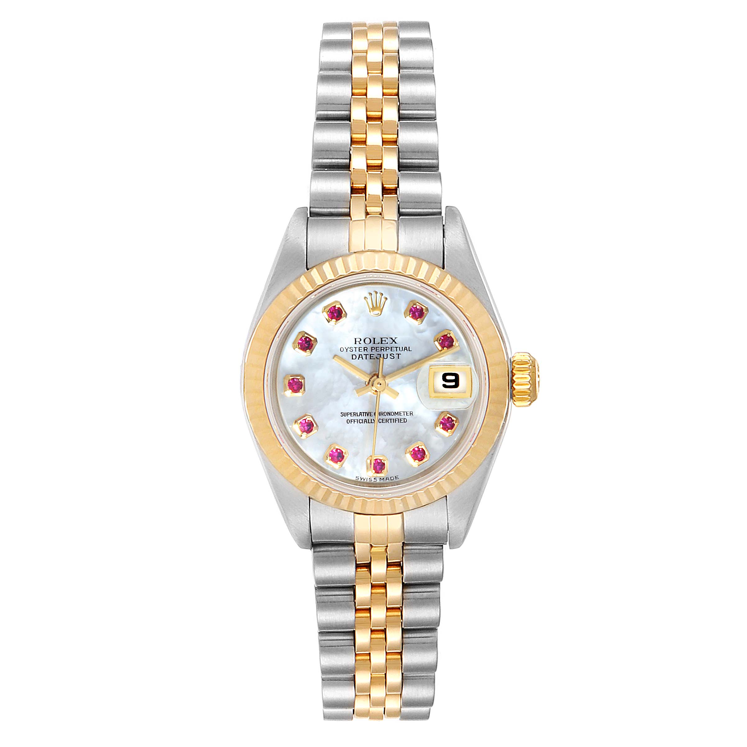 This image shows a Rolex Datejust 79173 Women
s Steel and Gold (two tone) Mother of Pearl Dial 79173 Women
s Steel and Gold (two tone) Mother of Pearl Dial watch from a top-down angle, displaying its face, bezel, crown, and bracelet.