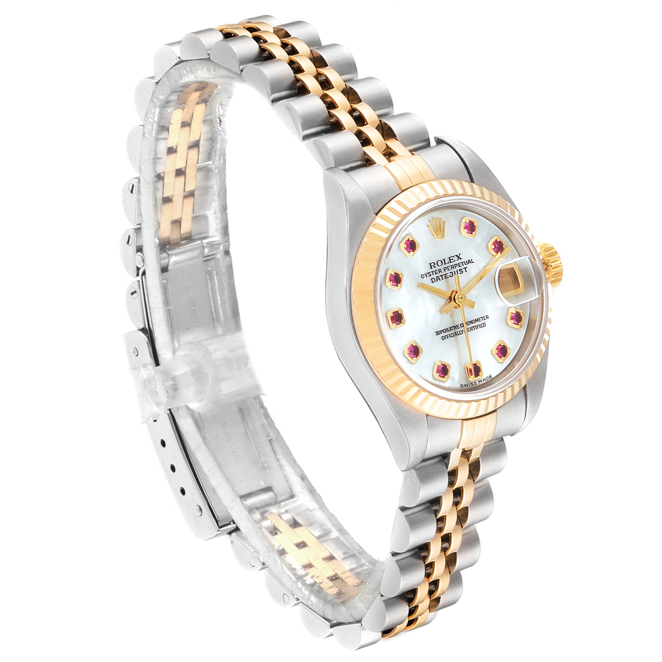 This image shows a Rolex Datejust 79173 Women
s Steel and Gold (two tone) Mother of Pearl Dial 79173 Women
s Steel and Gold (two tone) Mother of Pearl Dial watch at a three-quarter angle, highlighting the face, bezel, and two-tone bracelet.