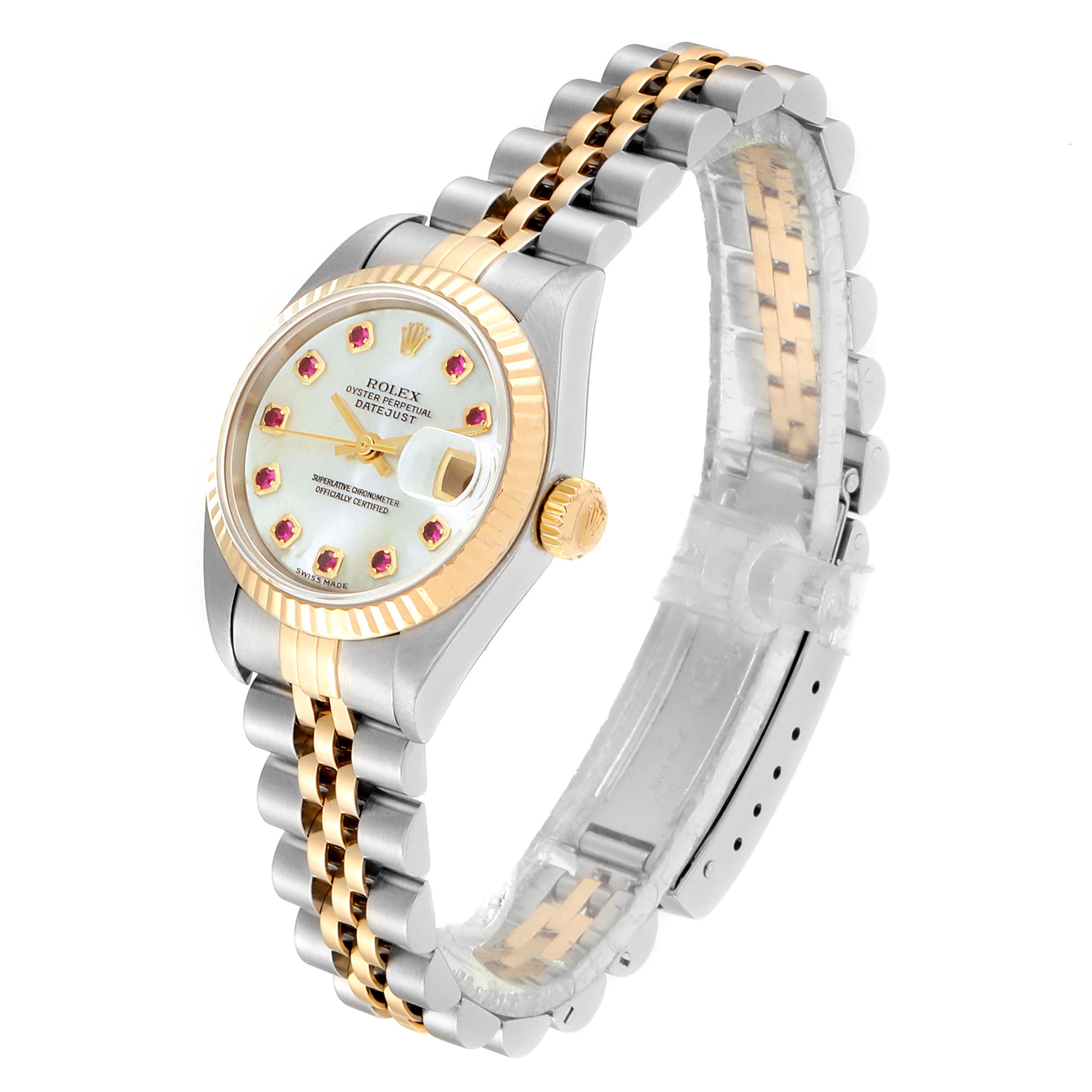 This image shows a side angle of a Rolex Datejust 79173 Women
s Steel and Gold (two tone) Mother of Pearl Dial 79173 Women
s Steel and Gold (two tone) Mother of Pearl Dial watch, highlighting the face, bezel, crown, and bracelet.