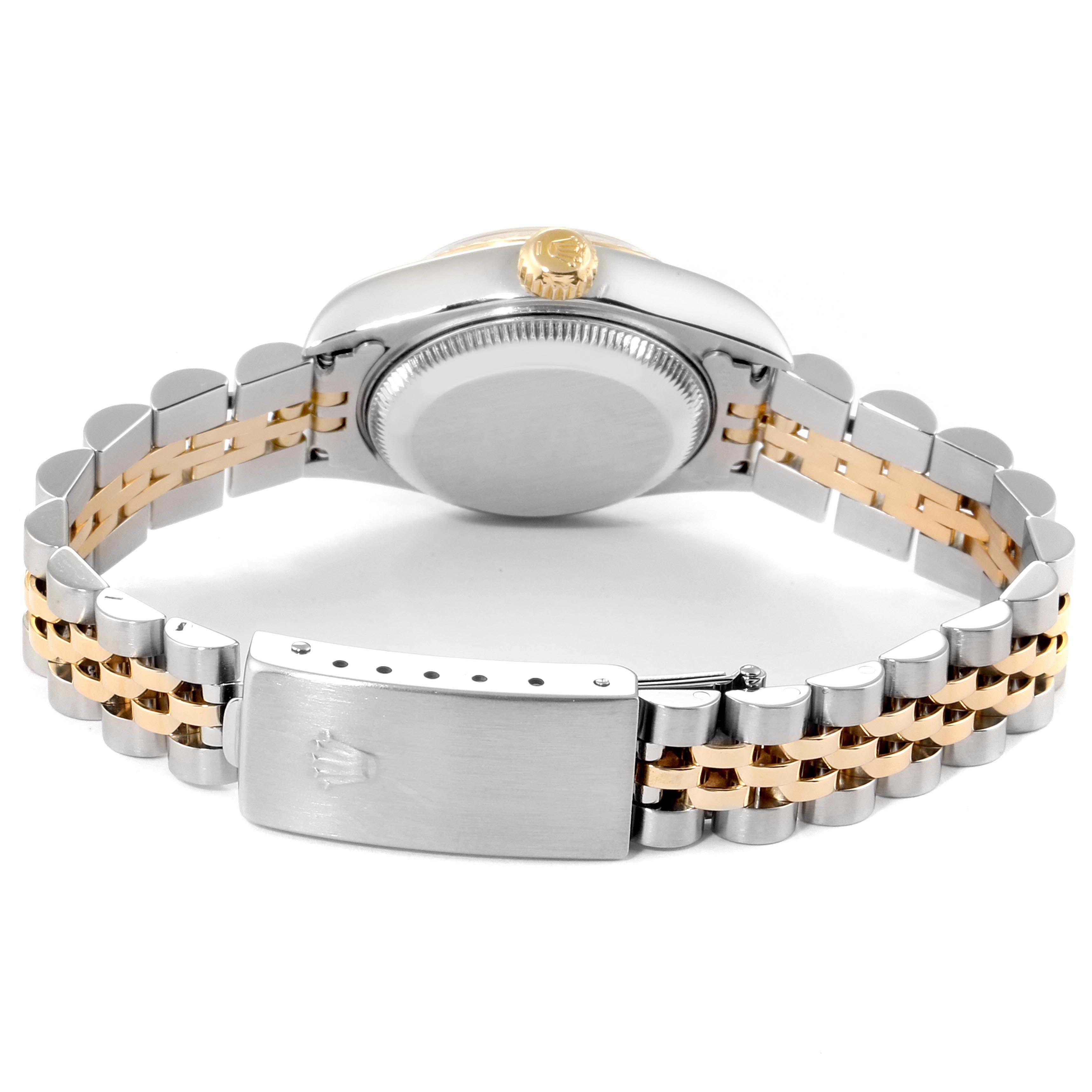 This image shows the back and bracelet of a Rolex Datejust 79173 Women
s Steel and Gold (two tone) Mother of Pearl Dial 79173 Women
s Steel and Gold (two tone) Mother of Pearl Dial model, illustrating the clasp and crown.