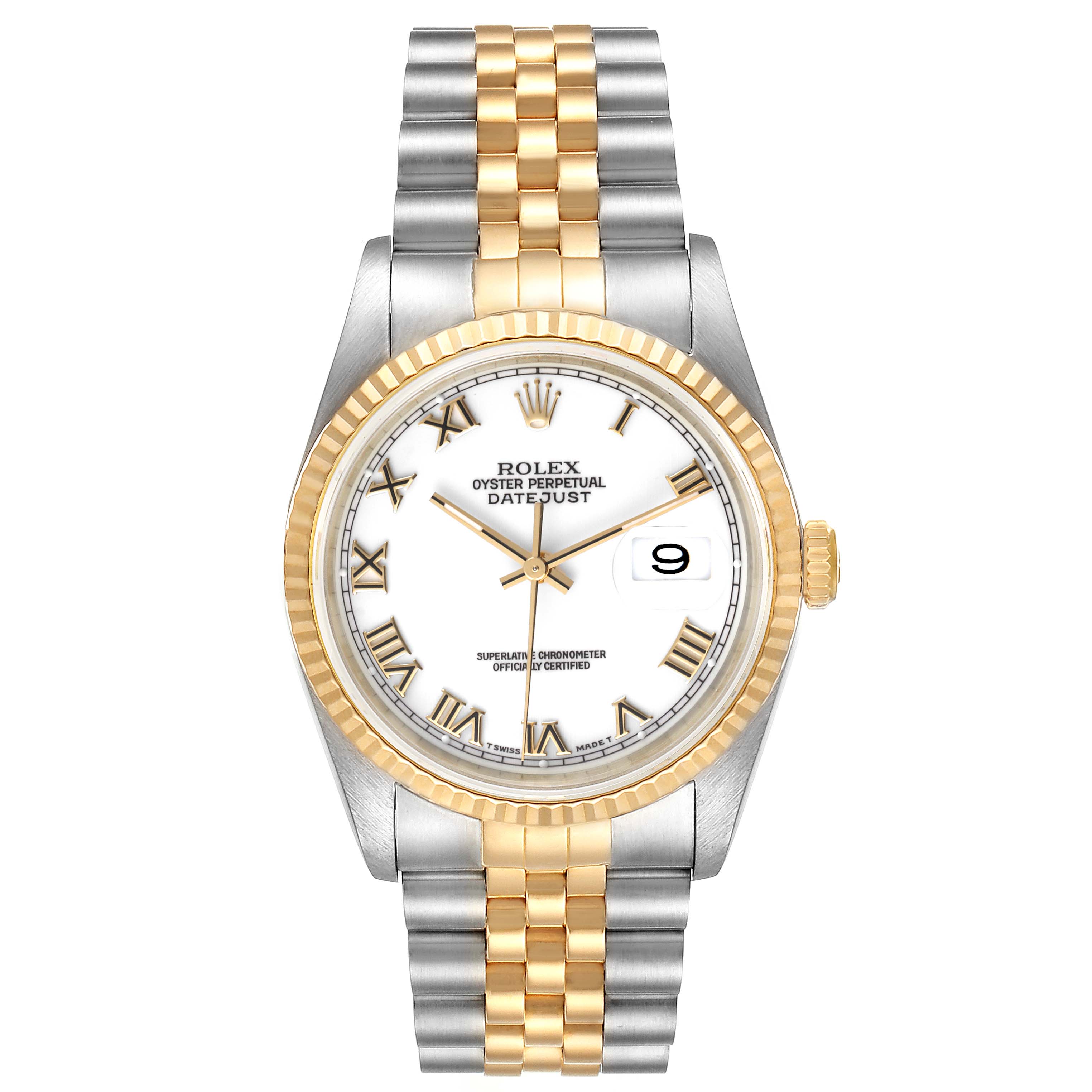 The image shows a front view of a Rolex Datejust 16233 Men's Steel and Gold (two tone) White Dial 16233 Men's Steel and Gold (two tone) White Dial watch featuring a two-tone bracelet, fluted bezel, and a date window.