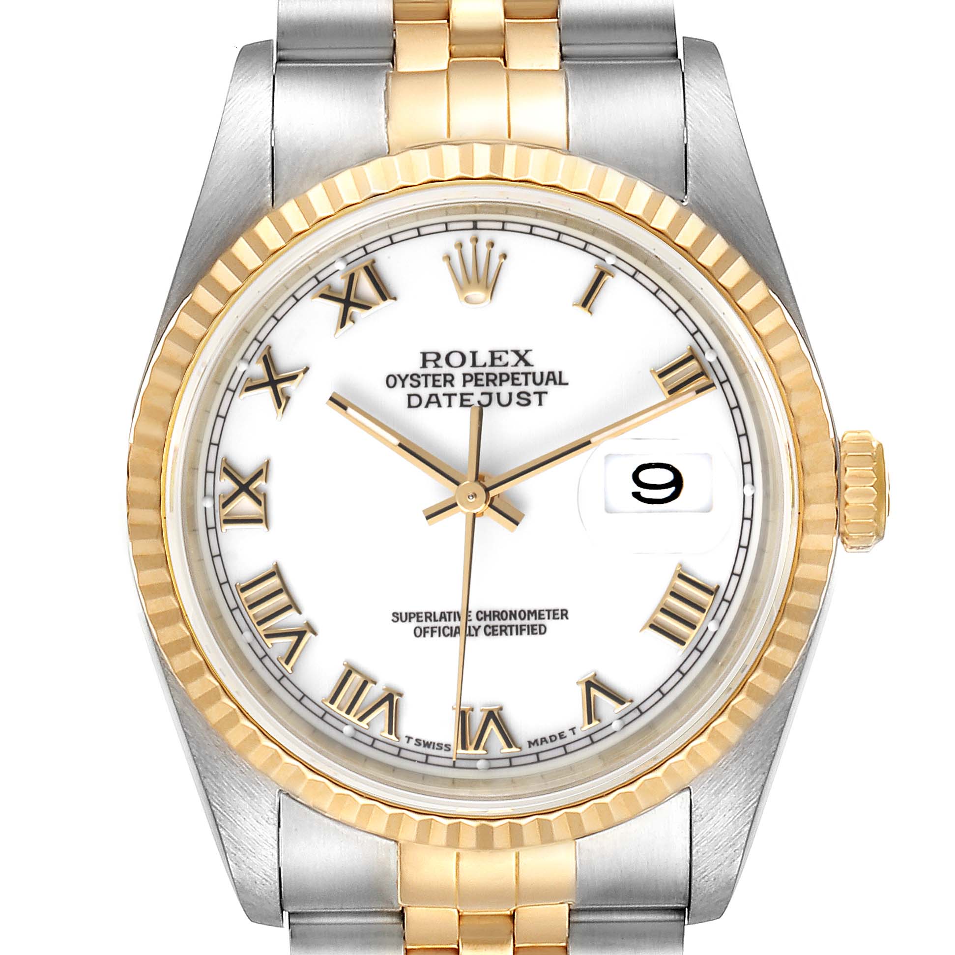 This image shows a front view of a Rolex Datejust 16233 Men's Steel and Gold (two tone) White Dial 16233 Men's Steel and Gold (two tone) White Dial watch, highlighting its face, bezel, crown, and bracelet.