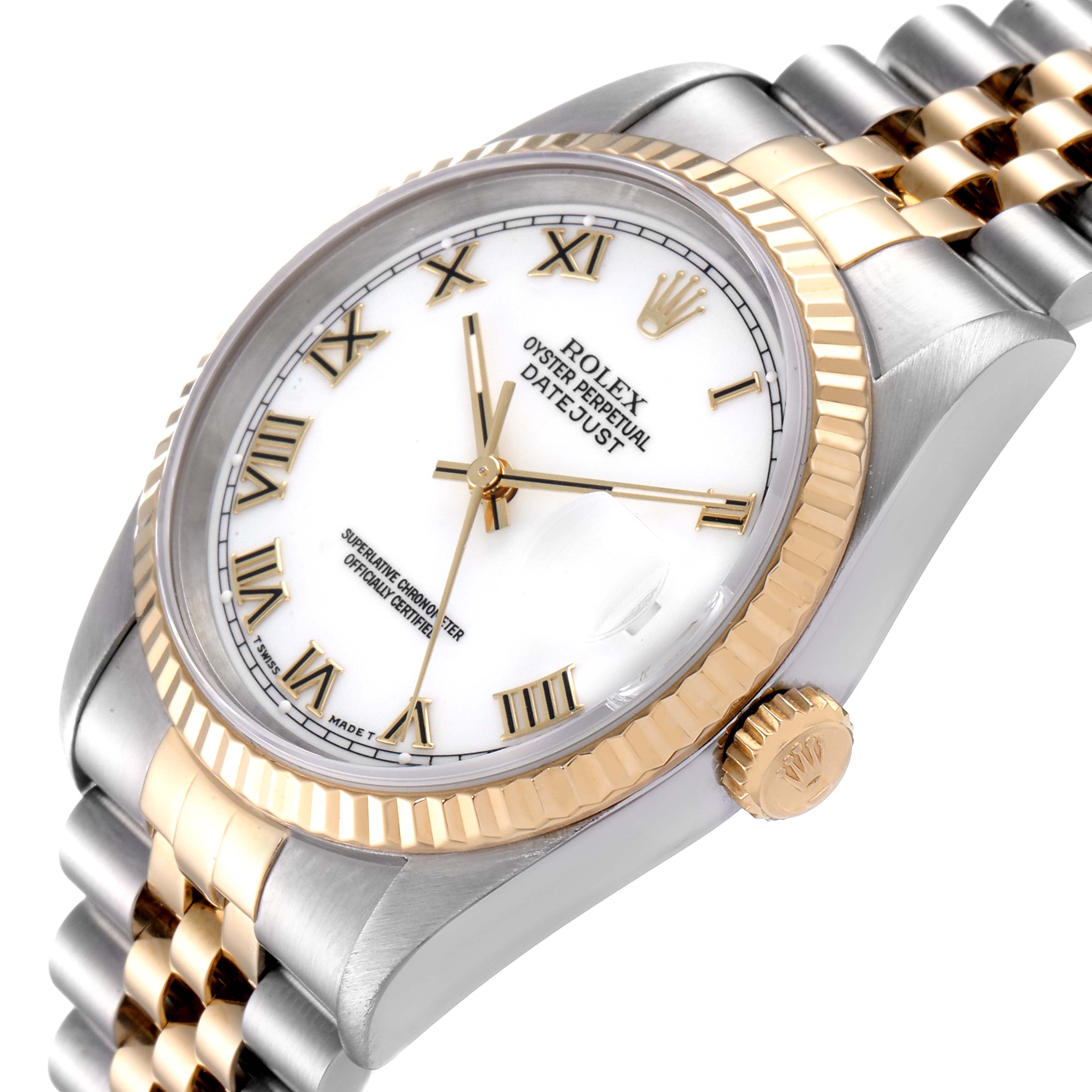 This image shows the face, bezel, crown, and partial bracelet of a Rolex Datejust 16233 Men's Steel and Gold (two tone) White Dial 16233 Men's Steel and Gold (two tone) White Dial watch from a slightly angled view.