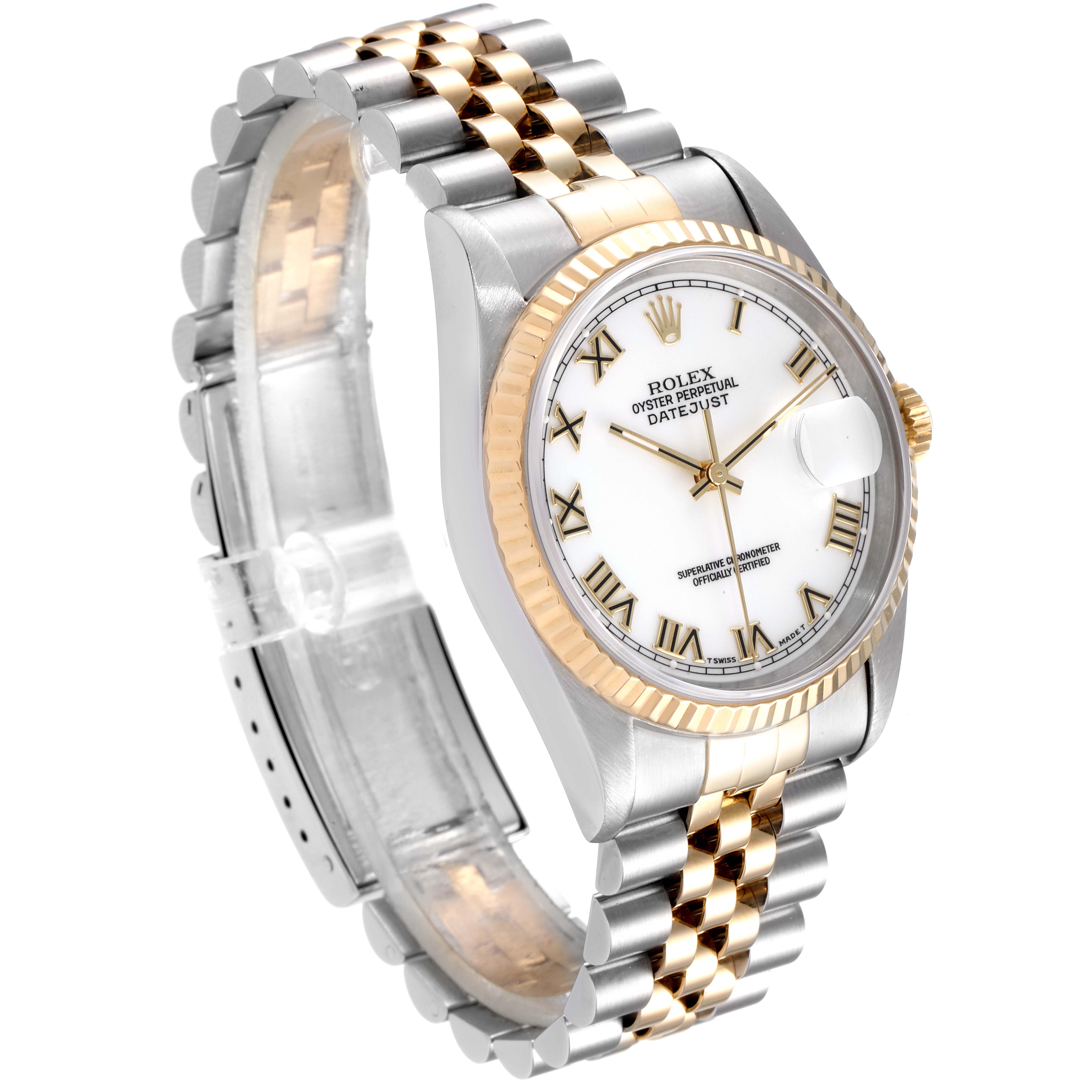 This image shows a Rolex Datejust 16233 Men's Steel and Gold (two tone) White Dial 16233 Men's Steel and Gold (two tone) White Dial watch angled to display the face, bezel, and Jubilee bracelet.