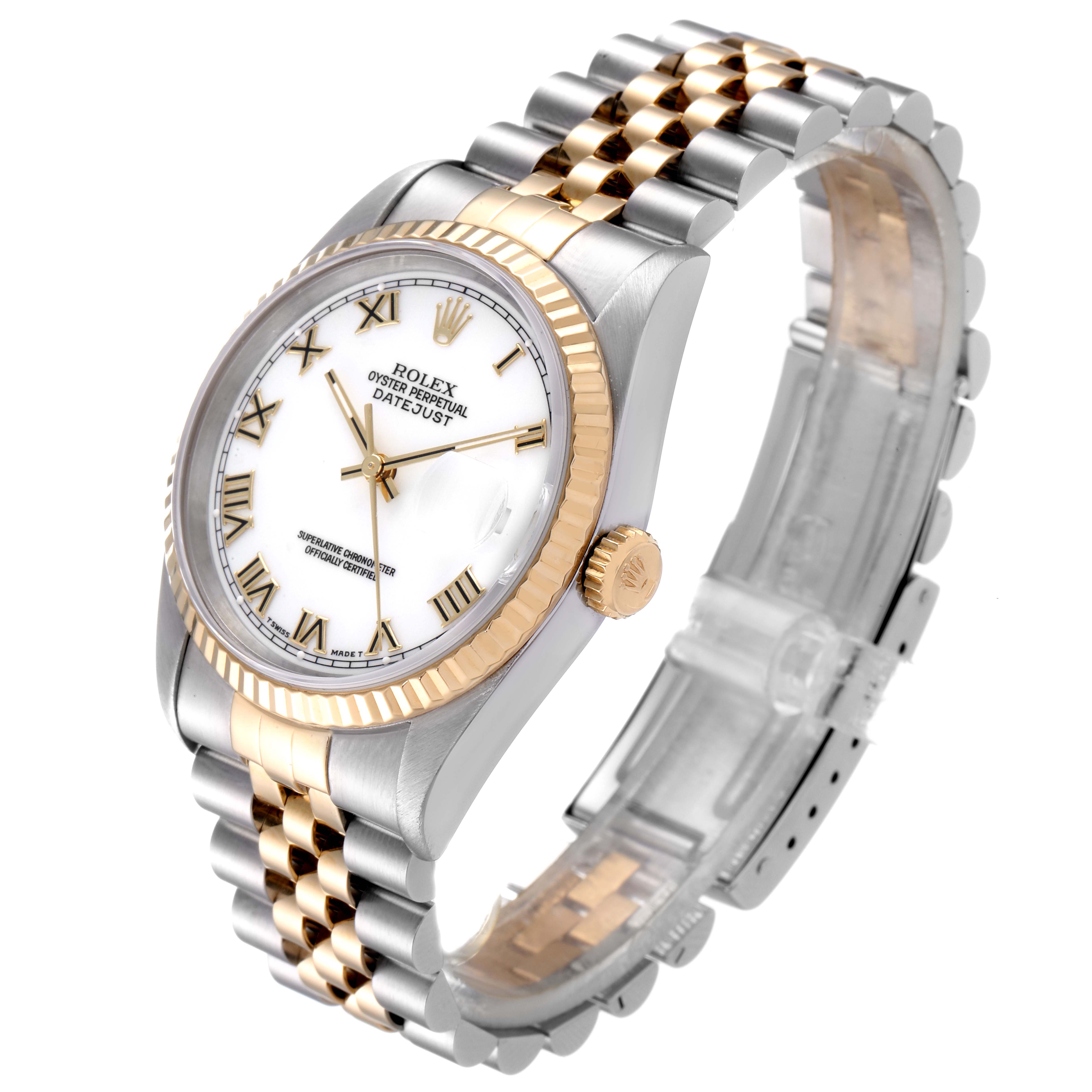 The image shows a side angle of the Rolex Datejust 16233 Men's Steel and Gold (two tone) White Dial 16233 Men's Steel and Gold (two tone) White Dial watch, highlighting its two-tone bracelet, bezel, and white dial with Roman numerals.