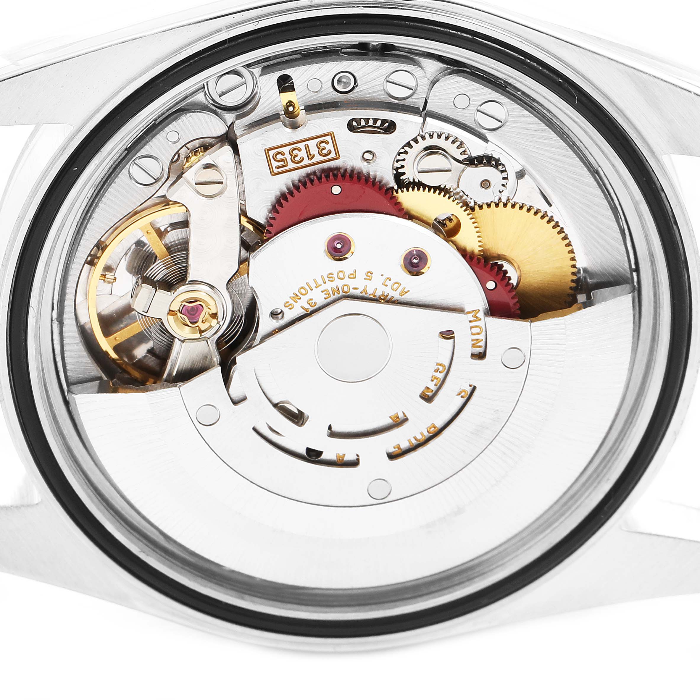 This image shows a close-up of the internal movement components of a Rolex Datejust 16233 Men's Steel and Gold (two tone) White Dial 16233 Men's Steel and Gold (two tone) White Dial watch from a top-down angle.