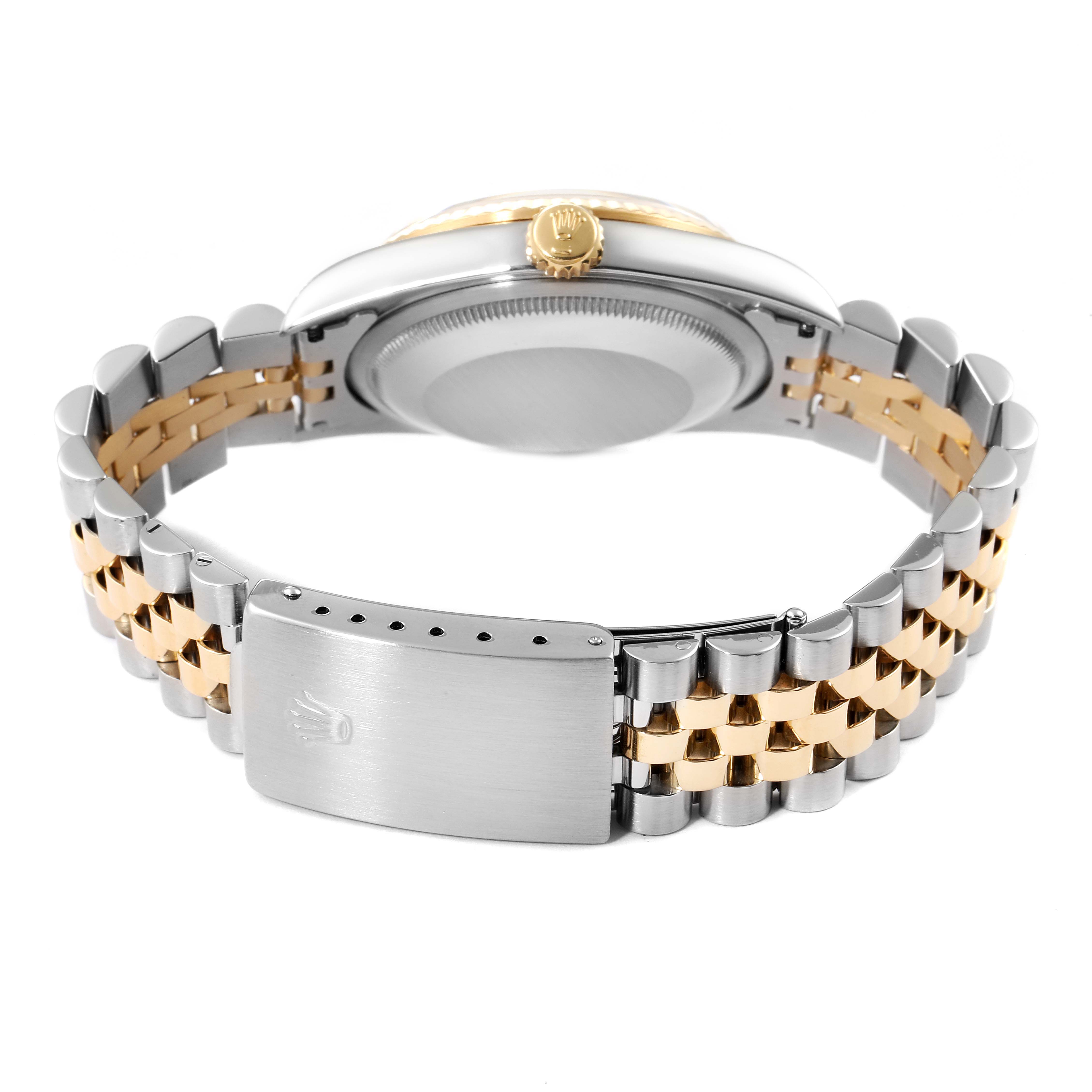 This image shows the back of the case and the Jubilee bracelet, with a two-tone design, of a Rolex Datejust 16233 Men's Steel and Gold (two tone) White Dial 16233 Men's Steel and Gold (two tone) White Dial watch.