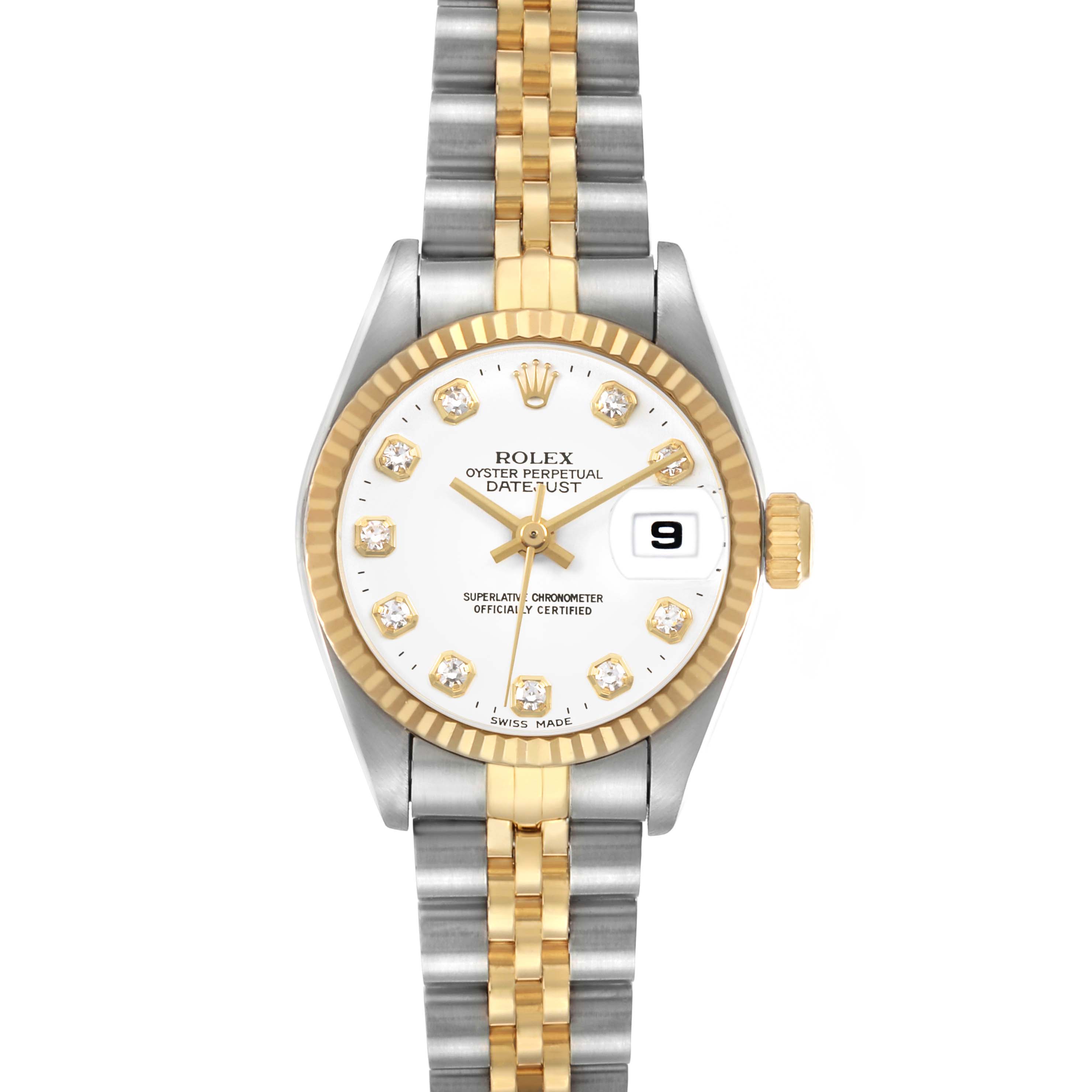 The Rolex Datejust 69173 Women's Steel and Gold (two tone) White Dial watch is shown from a top view, displaying the dial, bezel, bracelet, and crown.