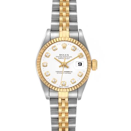 The Rolex Datejust 69173 Women's Steel and Gold (two tone) White Dial watch is shown from a top view, featuring the face, bezel, and bracelet.