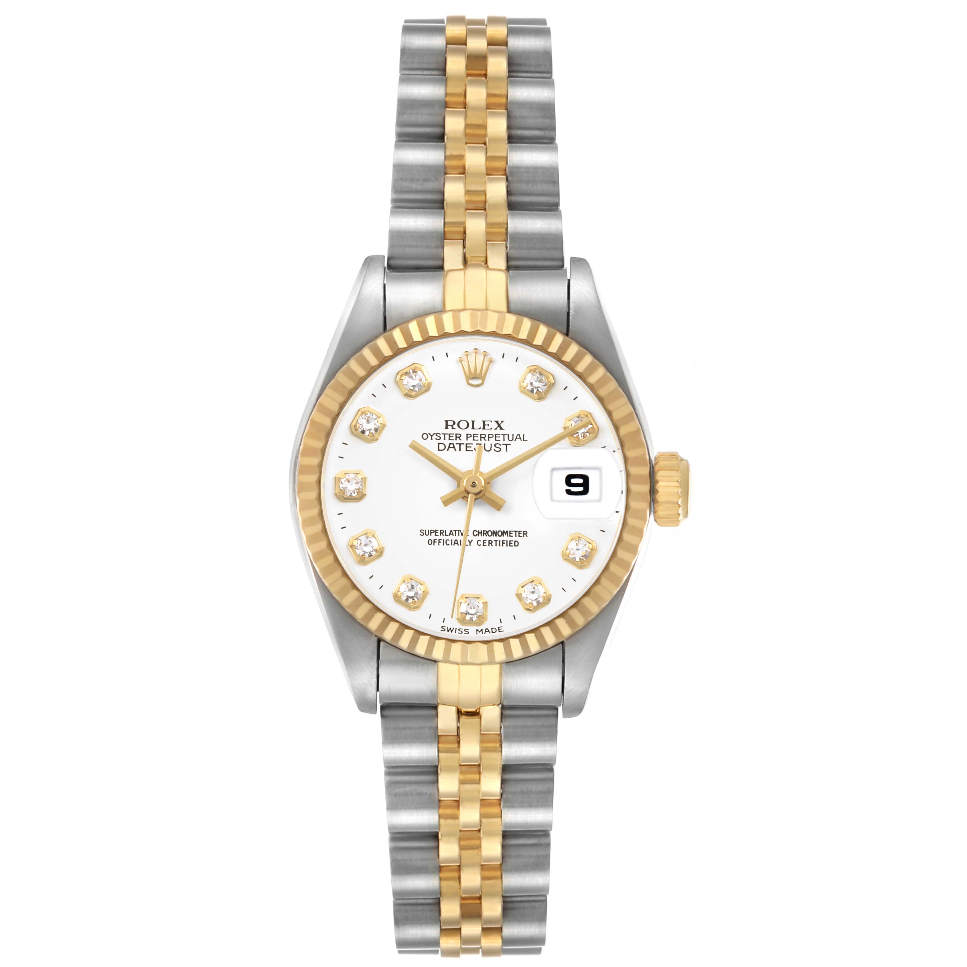 The Rolex Datejust 69173 Women's Steel and Gold (two tone) White Dial watch is shown from the front, displaying the dial, bezel, and bracelet.