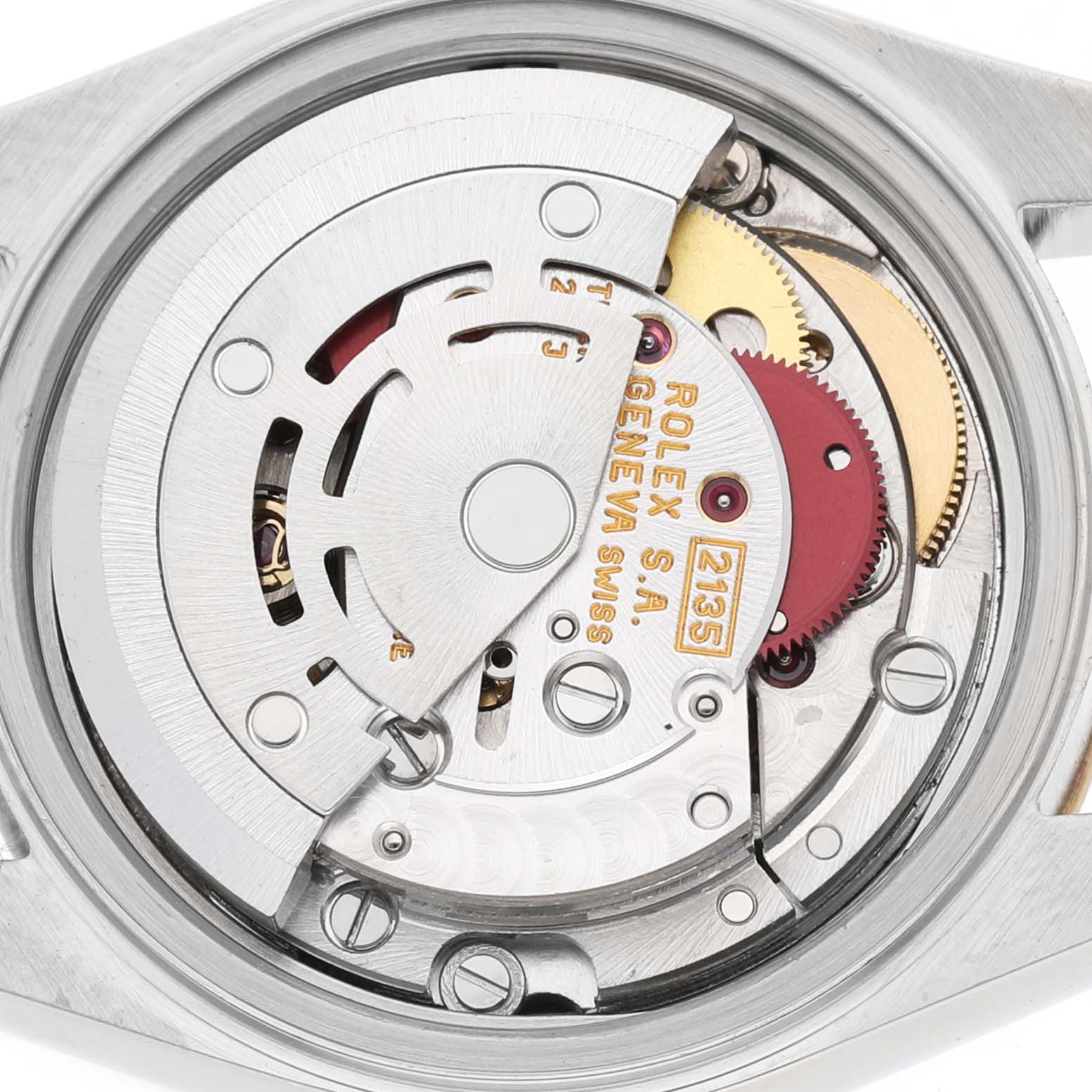 The image shows the movement of a Rolex Datejust 69173 Women's Steel and Gold (two tone) White Dial, featuring gears and the rotor mechanism.