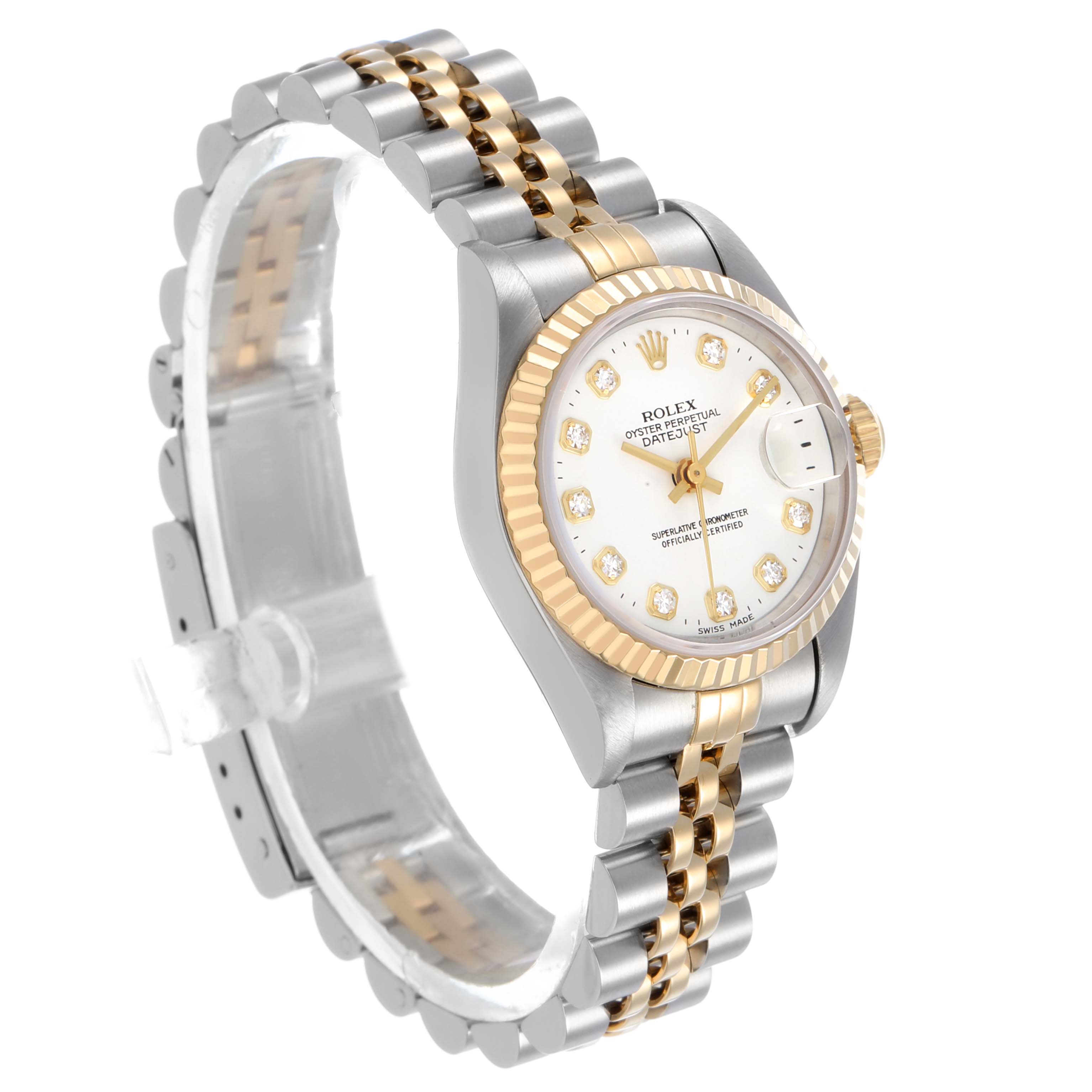 The Rolex Datejust 69173 Women's Steel and Gold (two tone) White Dial watch is shown at a three-quarter angle, highlighting the face, bezel, and bracelet.