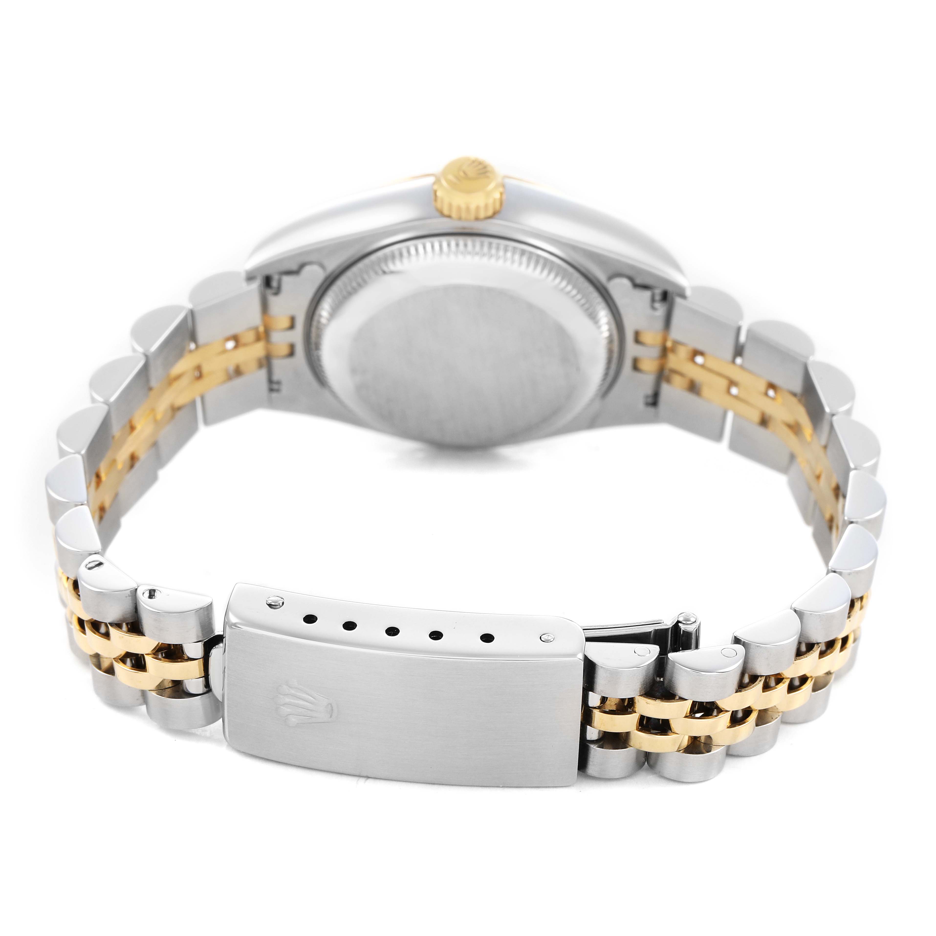 The image shows the rear view of a Rolex Datejust 69173 Women's Steel and Gold (two tone) White Dial watch, highlighting the case, crown, and two-tone metal bracelet.