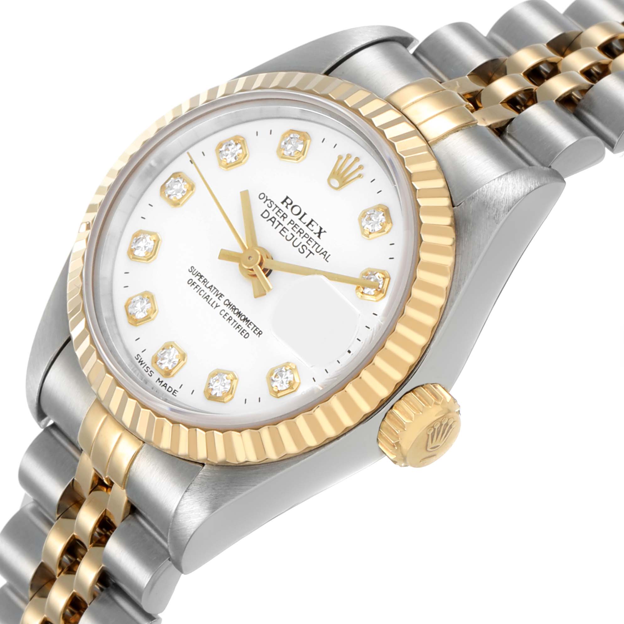 The Rolex Datejust 69173 Women's Steel and Gold (two tone) White Dial watch is shown at an angled view highlighting the bezel, dial, crown, and part of the bracelet.