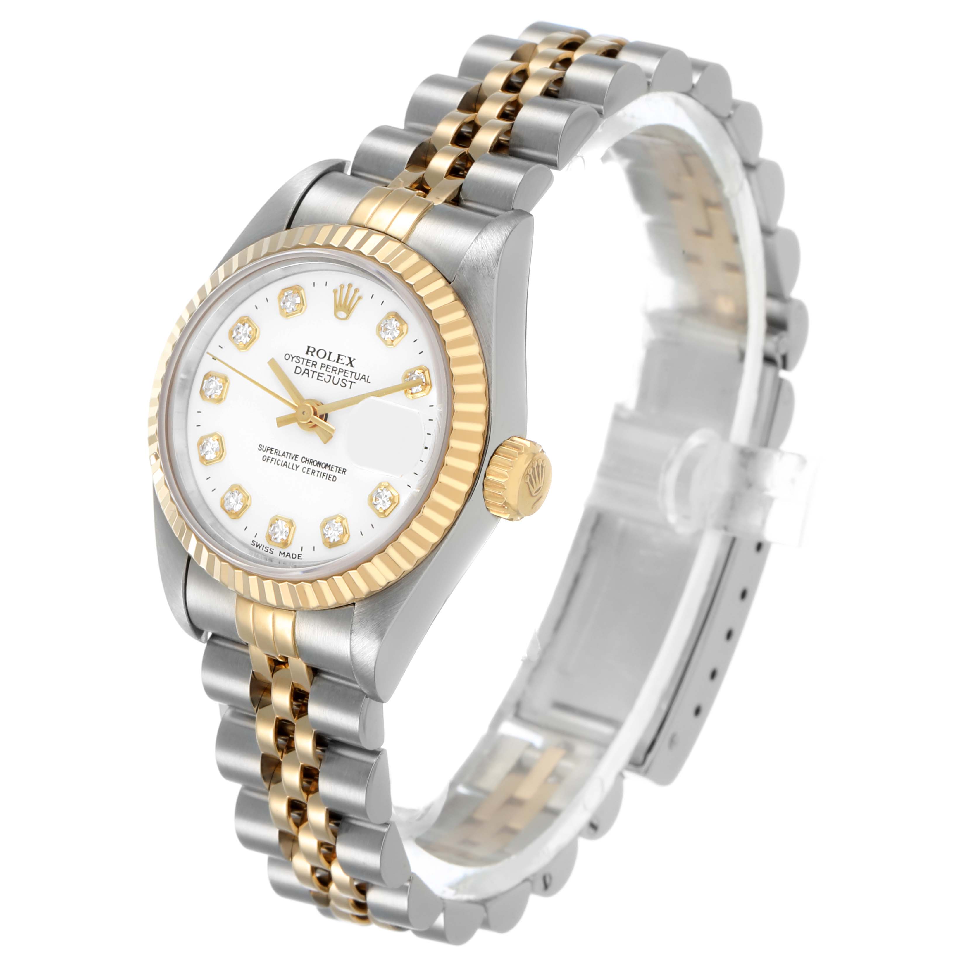 The Rolex Datejust 69173 Women's Steel and Gold (two tone) White Dial watch is shown at a side angle, highlighting the dial, bezel, crown, and jubilee bracelet.