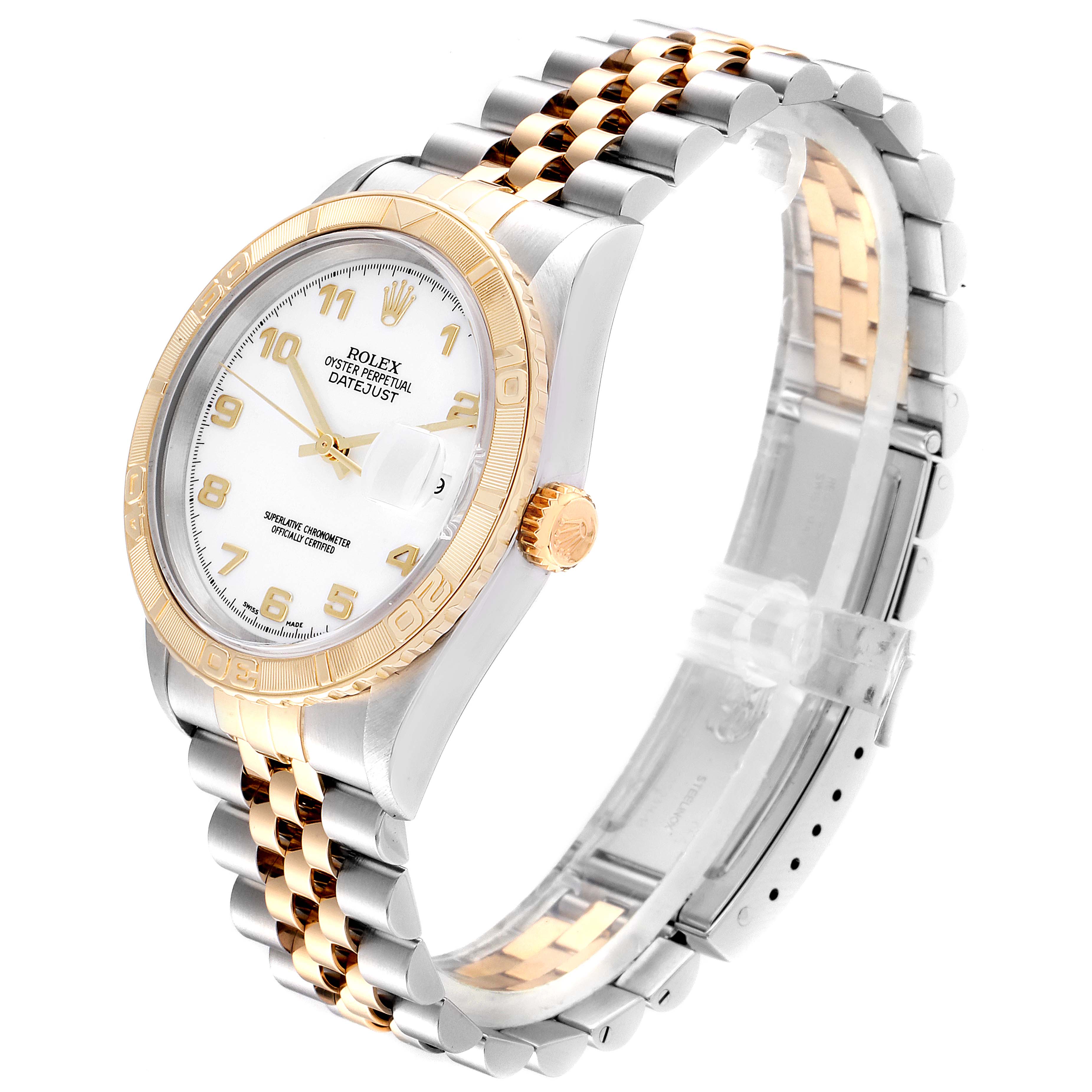The image shows a side angle of the Rolex Turn-o-Graph 16263 Men
s Steel and Gold (two tone) White Dial 16263 Men
s Steel and Gold (two tone) White Dial watch, displaying its gold bezel, dial, crown, and two-tone bracelet.