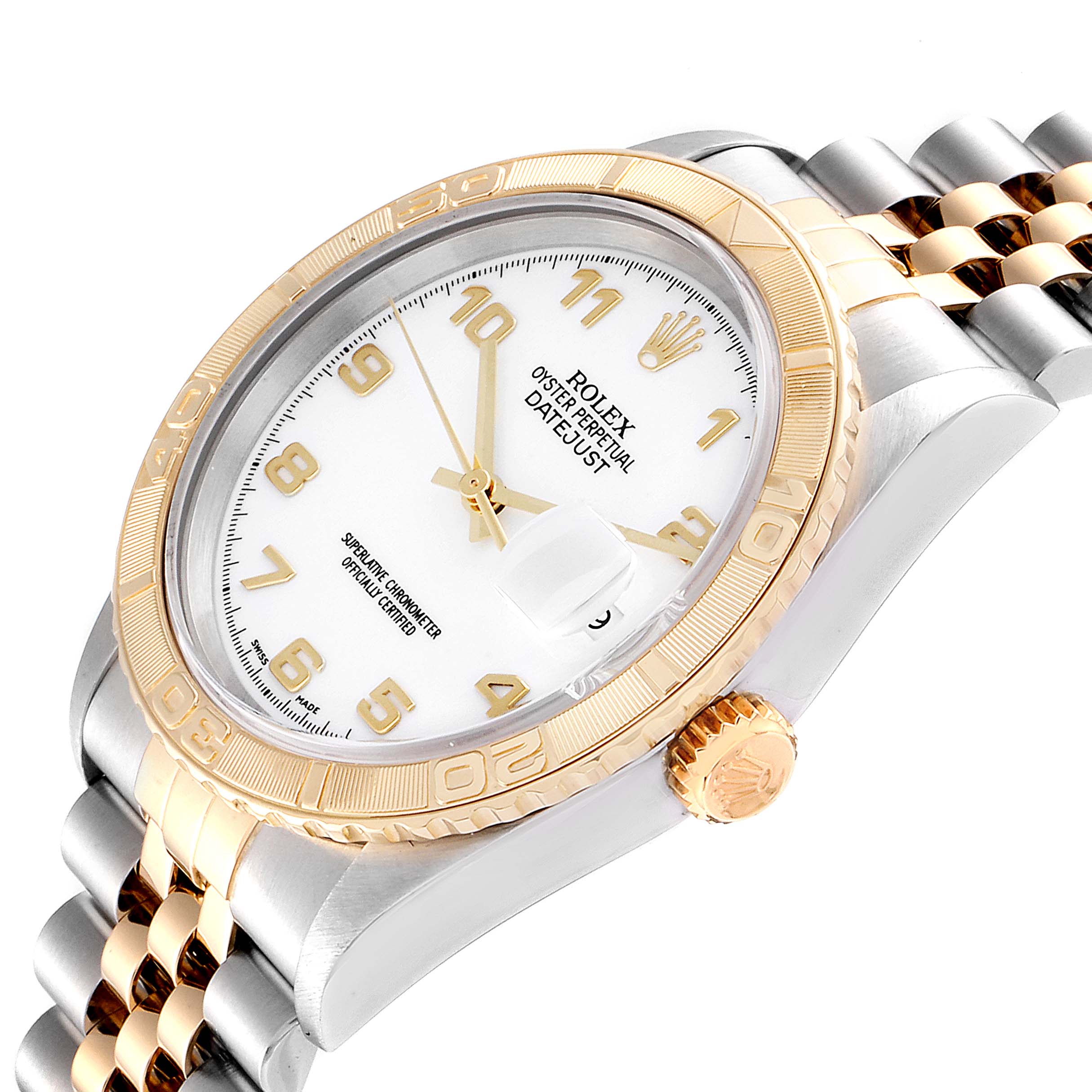 The image shows a close-up, angled view of the Rolex Turn-o-Graph 16263 Men
s Steel and Gold (two tone) White Dial 16263 Men
s Steel and Gold (two tone) White Dial watch, displaying the face, bezel, crown, and part of the bracelet.